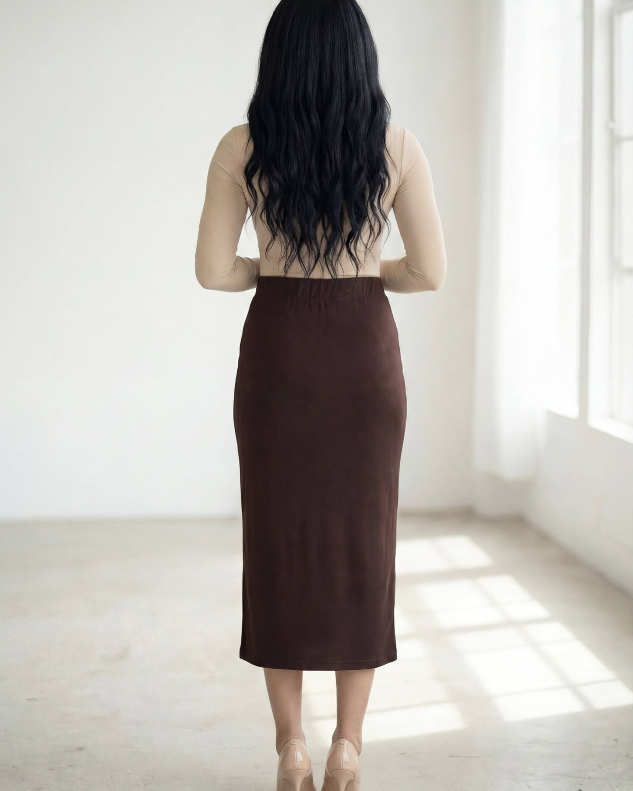 31" Lightweight Lined Pencil Skirt in Brown nuggles-clothing