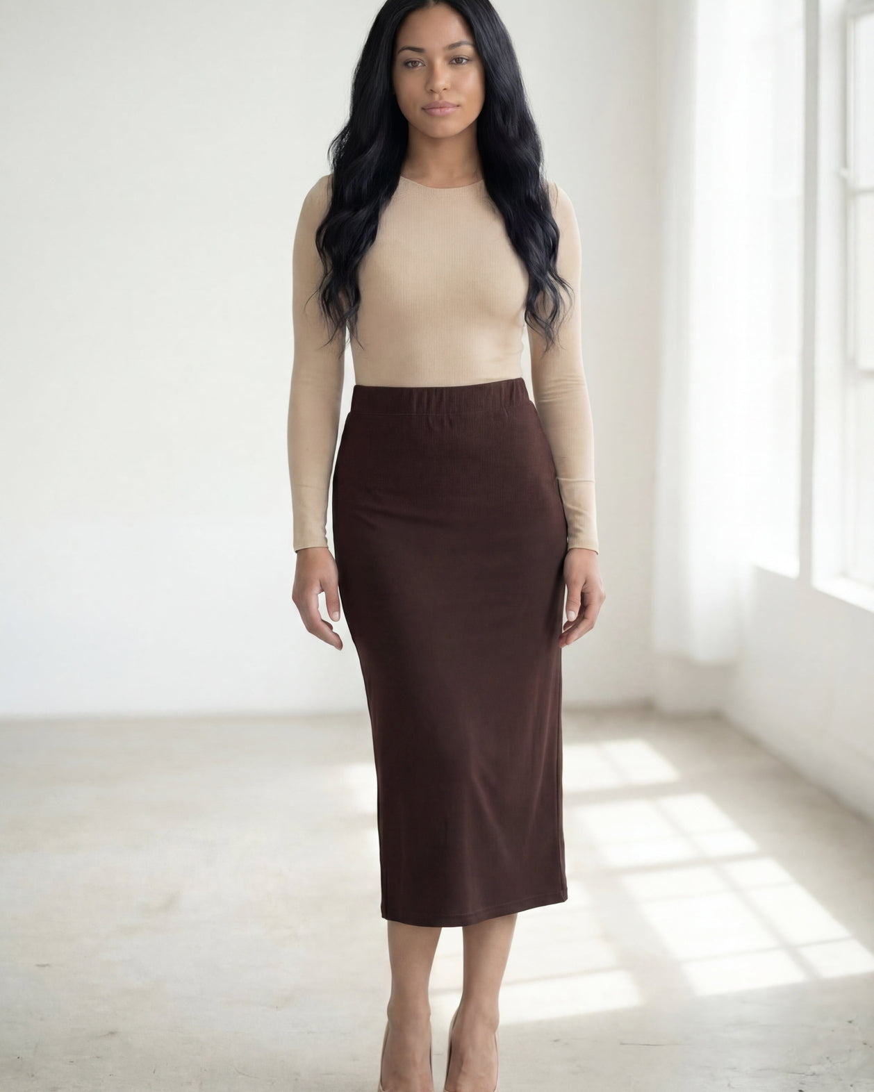 31" Lightweight Lined Pencil Skirt in Brown nuggles-clothing