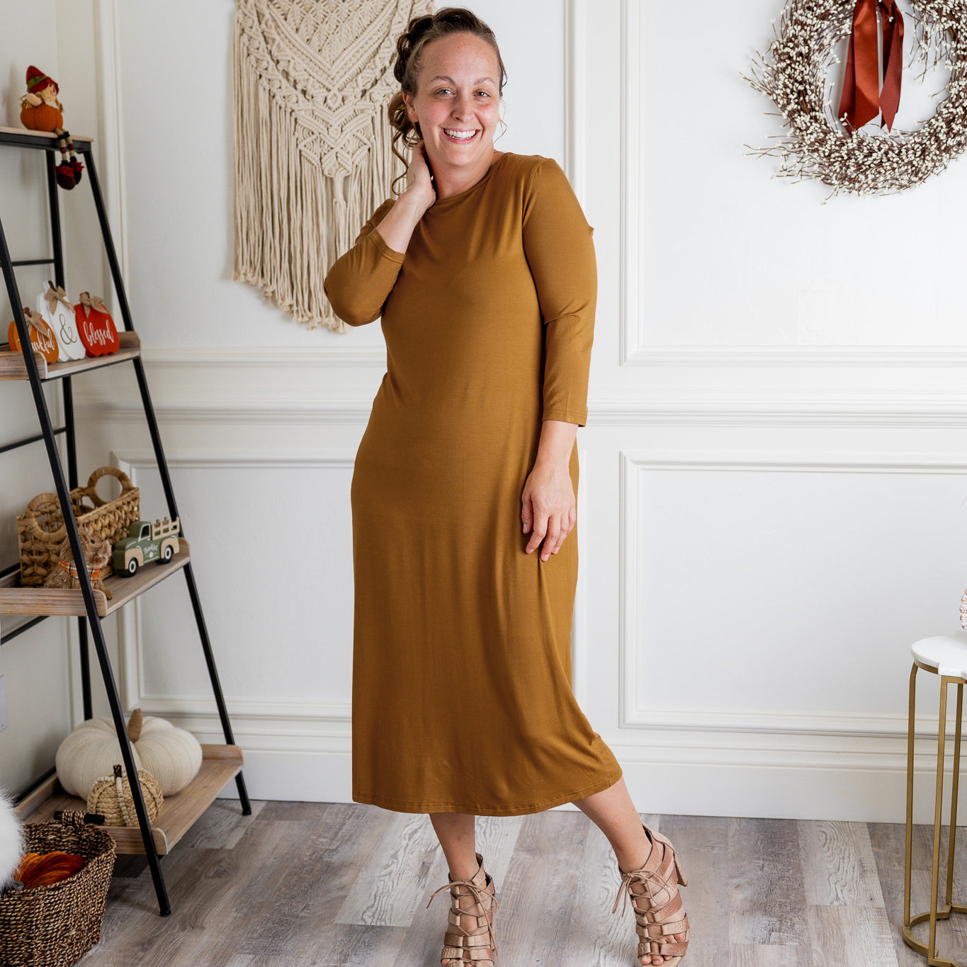 Model wearing Nuggles® Original Style Midi Layering Dress in soft cotton knit