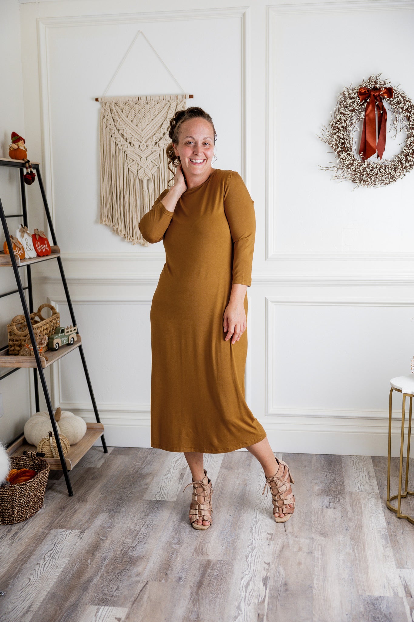 Model wearing Nuggles® Original Style Midi Layering Dress in soft cotton knit