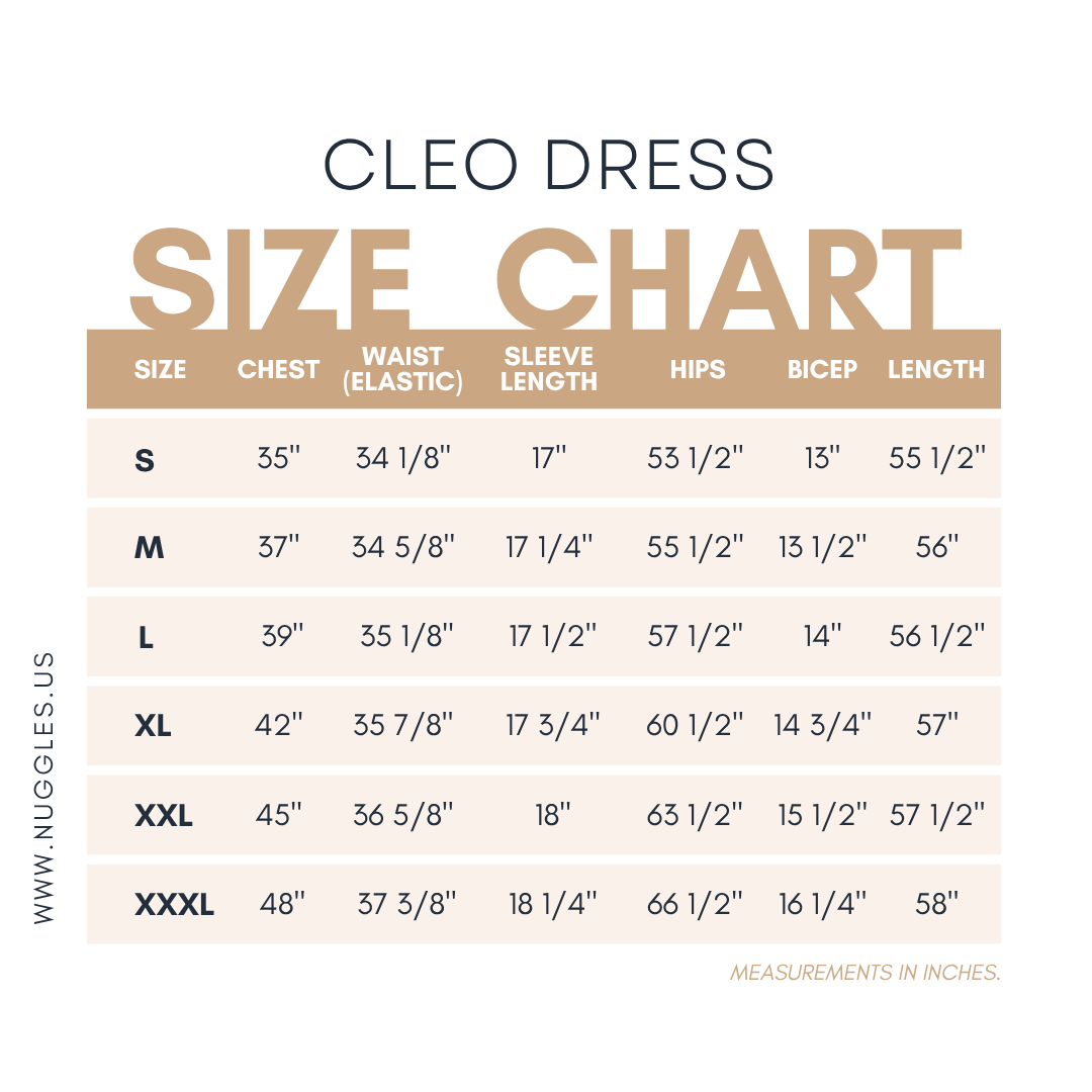 Nuggles® Cleo Maxi Dress size chart — chest, elastic waist, hips, sleeve length, bicep and length measurements in inches for sizes S through 3XL