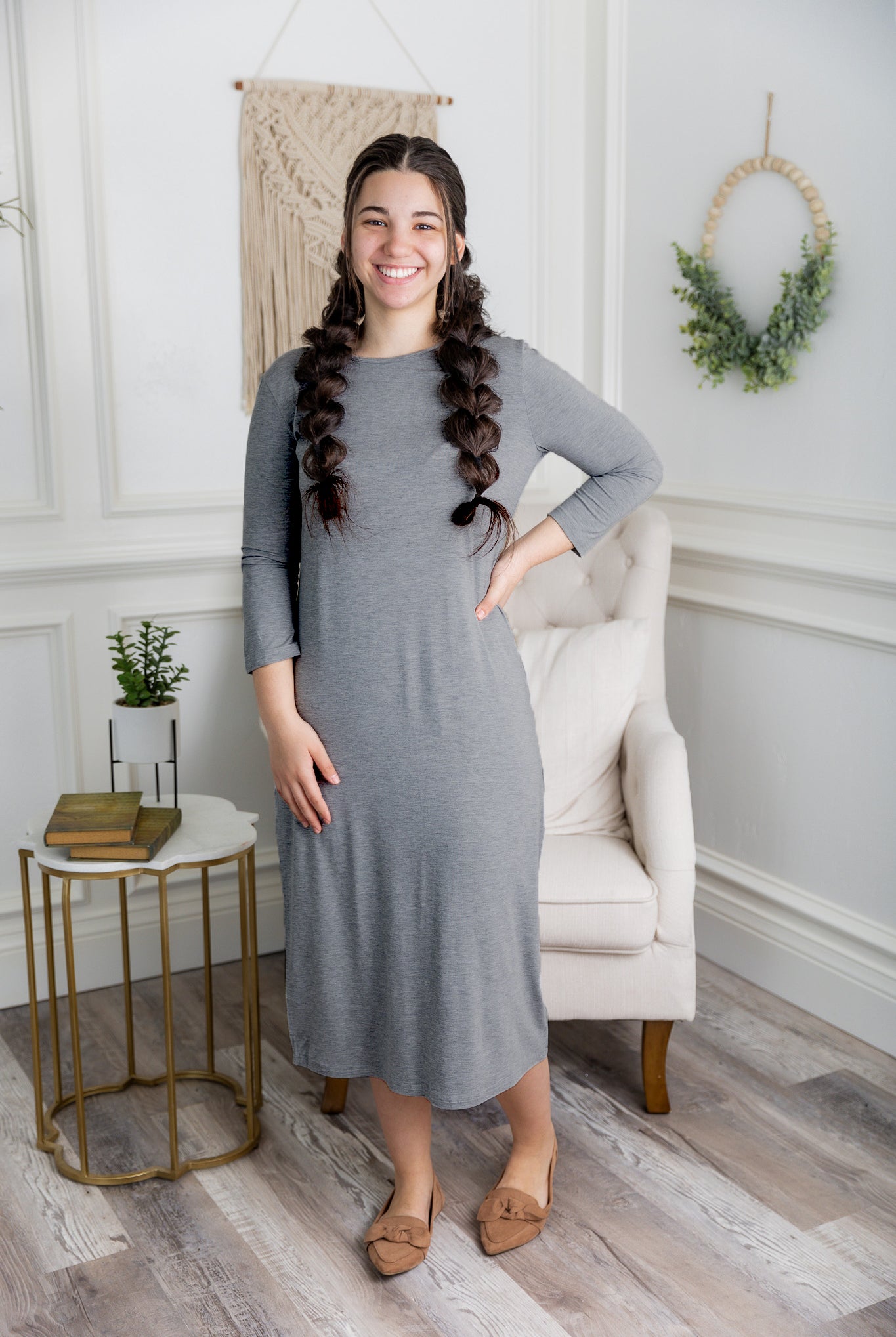 Model wearing  Nuggles® Original Style Midi Layering Dress in soft cotton knit