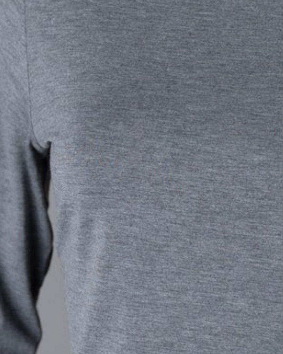 Model wearing Nuggles® 3/4 Essential Tee in Dark Heather