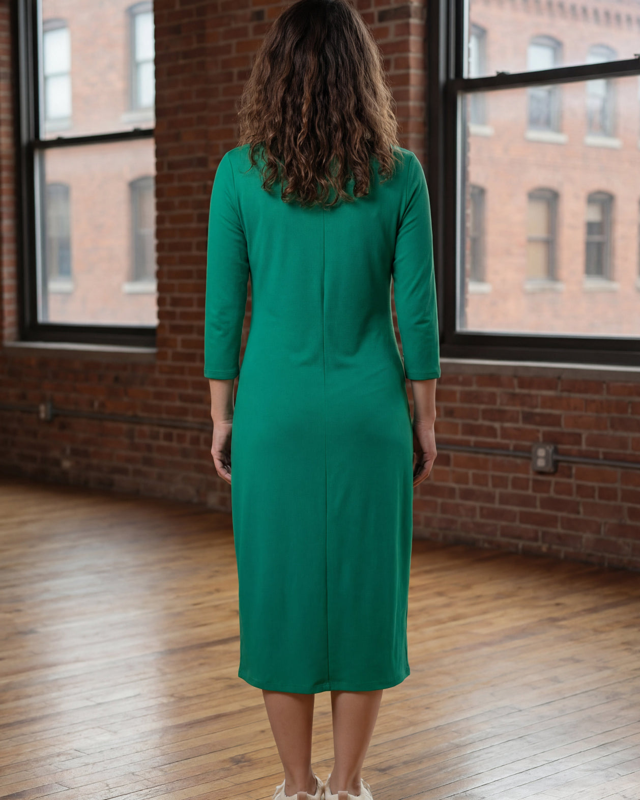 Model wearing Nuggles® Midi Layering Dress in Kelly Green