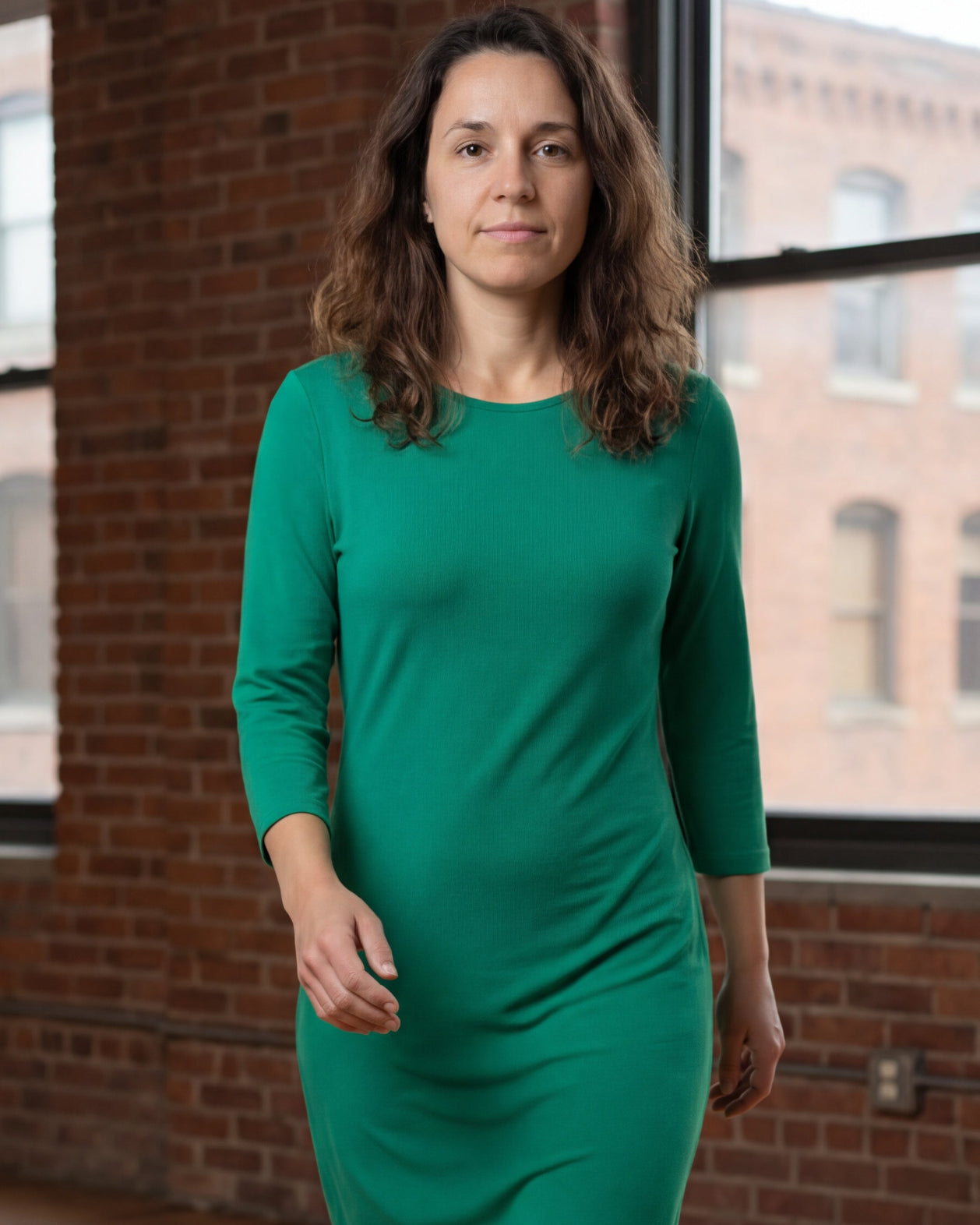 Model wearing Nuggles® Midi Layering Dress in Kelly Green
