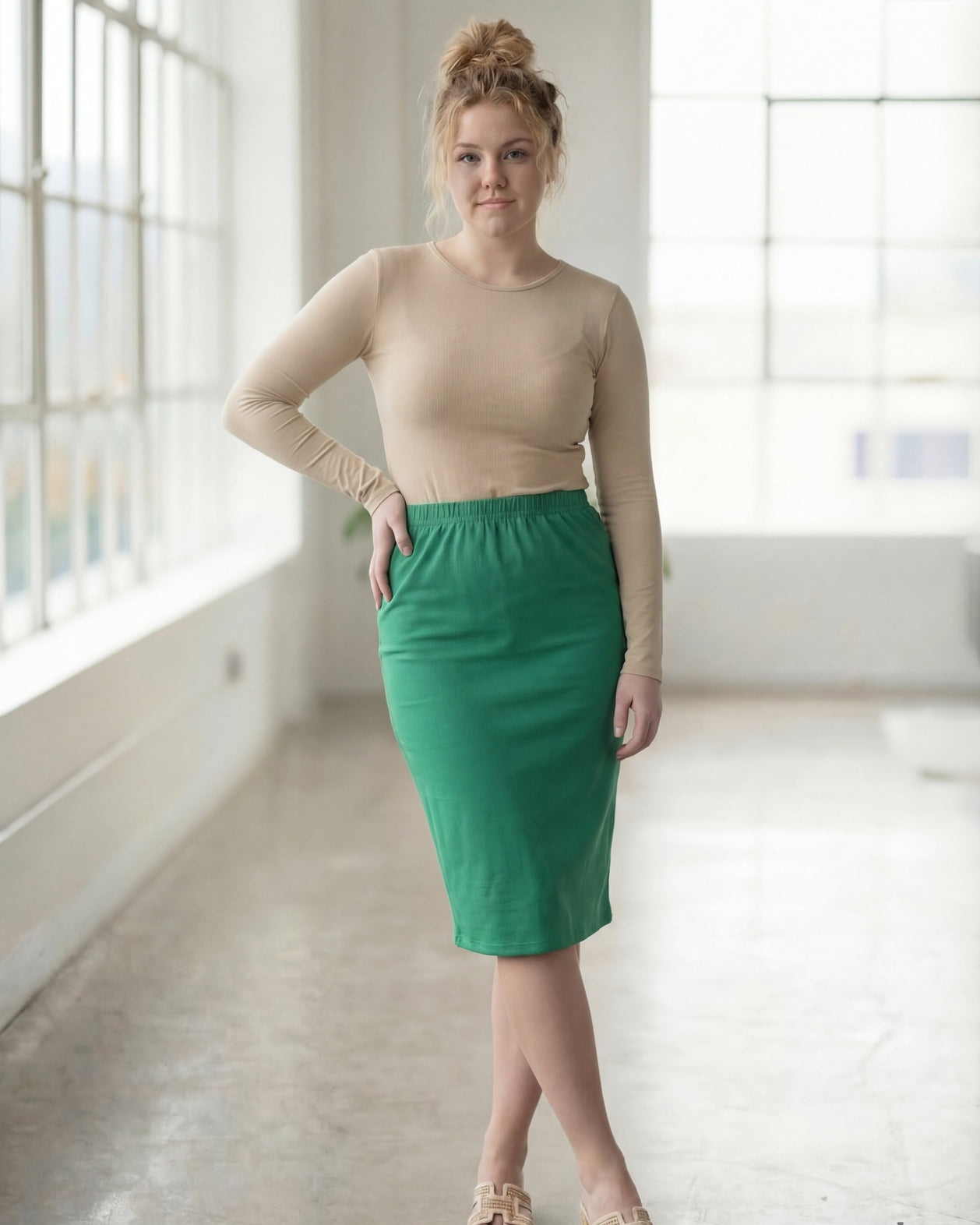 Model wearing Nuggles® 27" Classic Skirt in Kelly Green