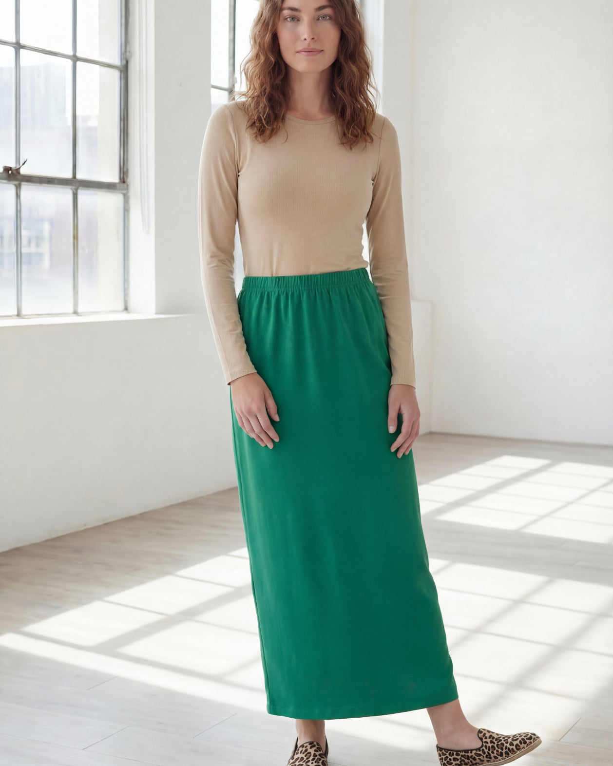 Model wearing Nuggles® 36" Classic Skirt in Kelly Green
