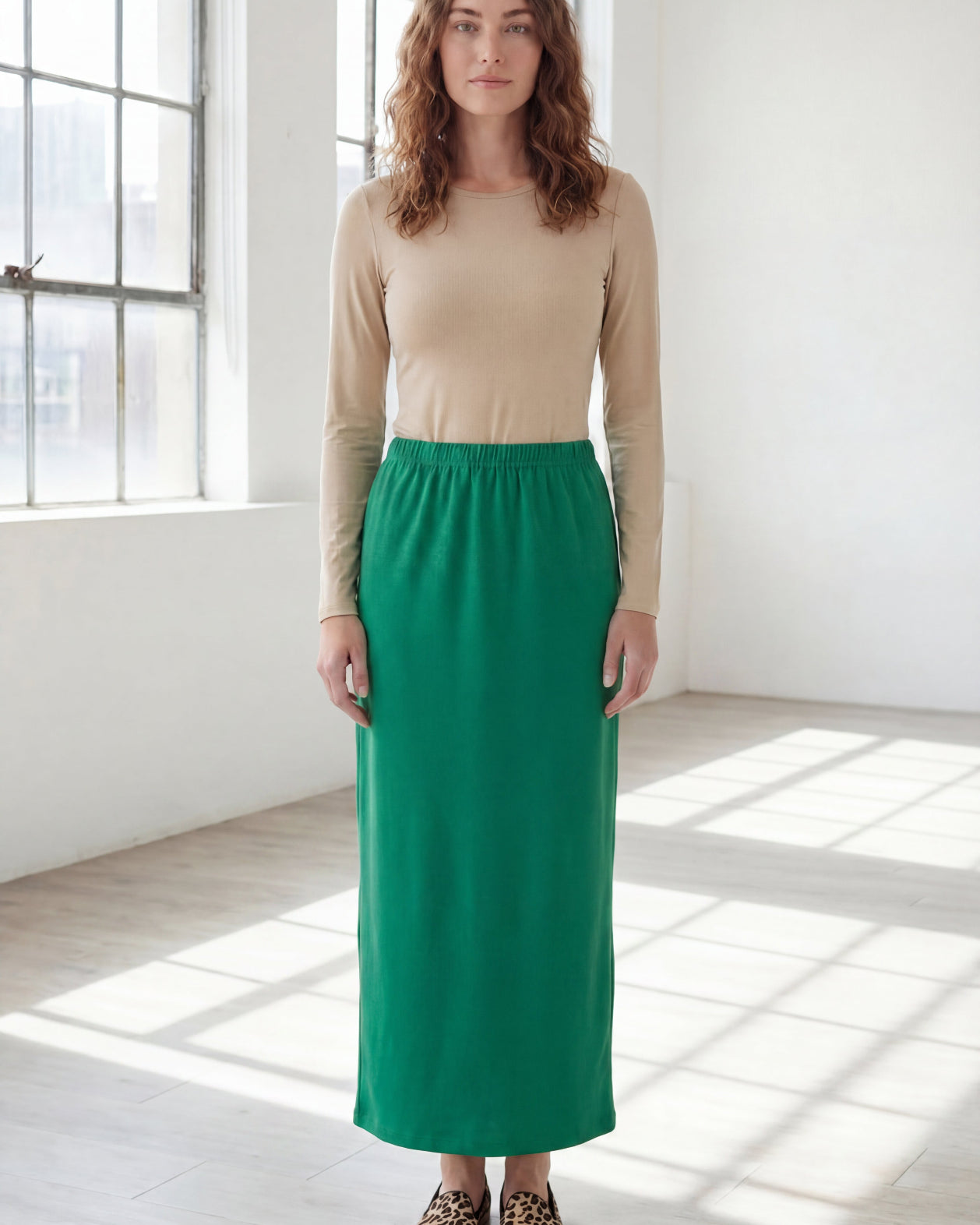 Model wearing Nuggles® 36" Classic Skirt in Kelly Green