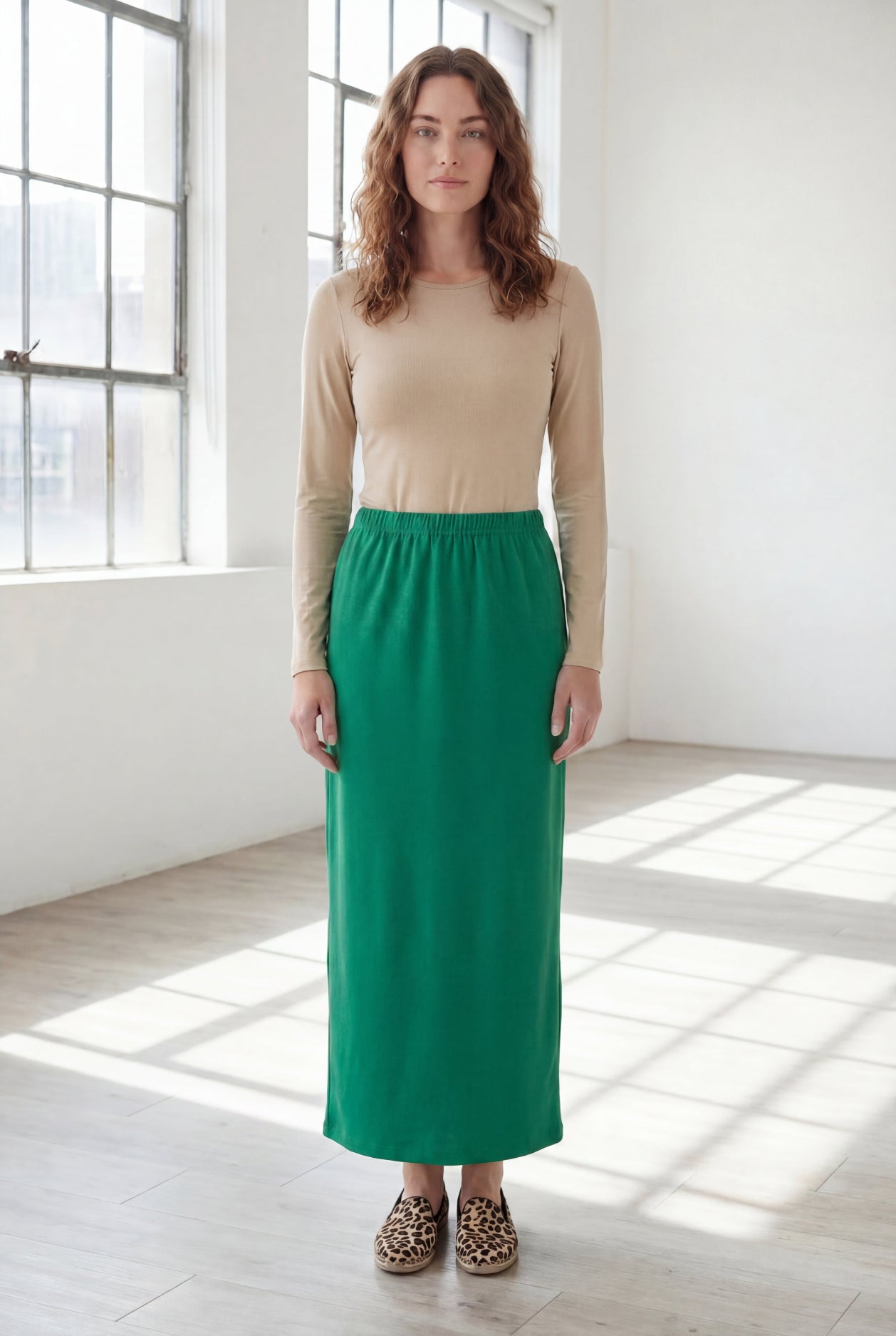 Model wearing Nuggles® 36" Classic Skirt in Kelly Green