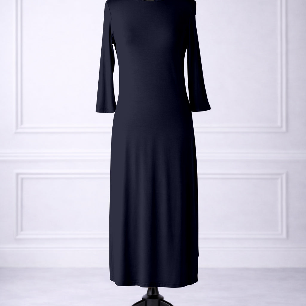 Front view of Nuggles® original midi layering dress in Navy