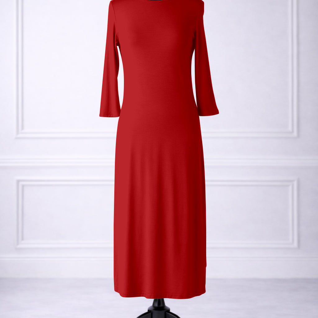 Front view of Nuggles® original midi layering dress in Red