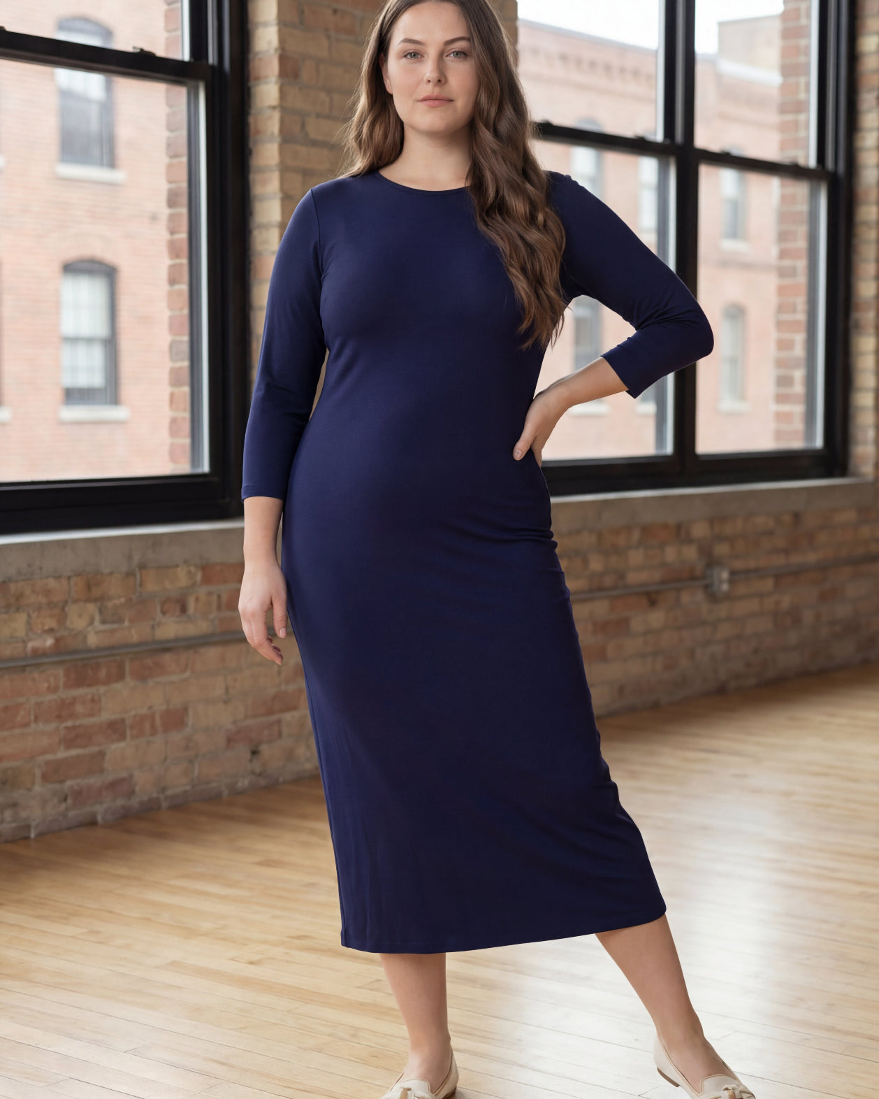 Model wearing Nuggles® Midi Layering Dress in Navy