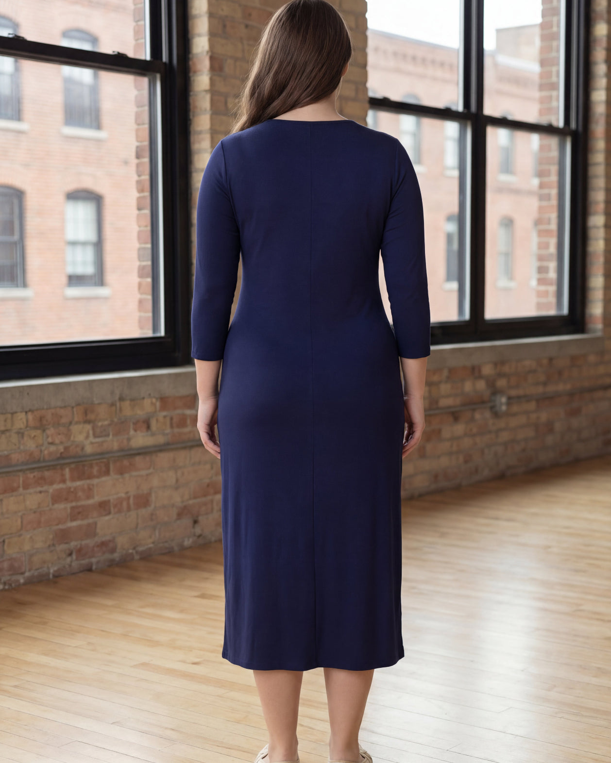 Model wearing Nuggles® Midi Layering Dress in Navy