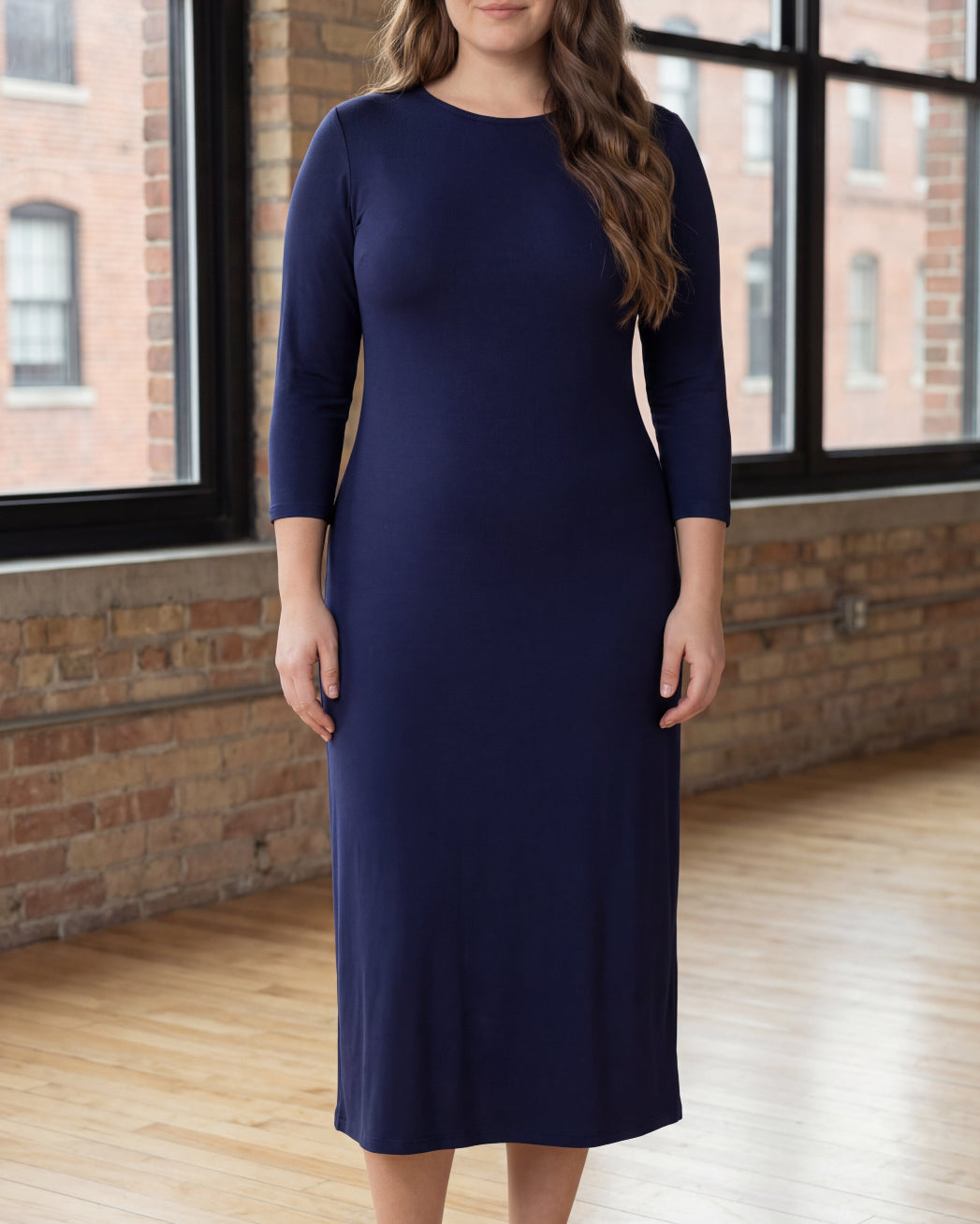 Model wearing Nuggles® Midi Layering Dress in Navy
