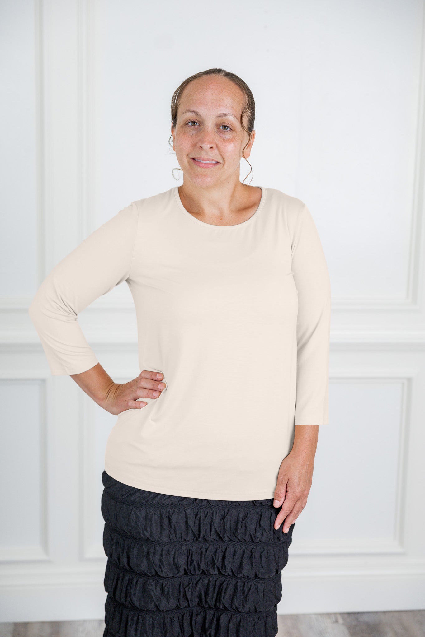 Relaxed Essential Tee styled with a modest skirt