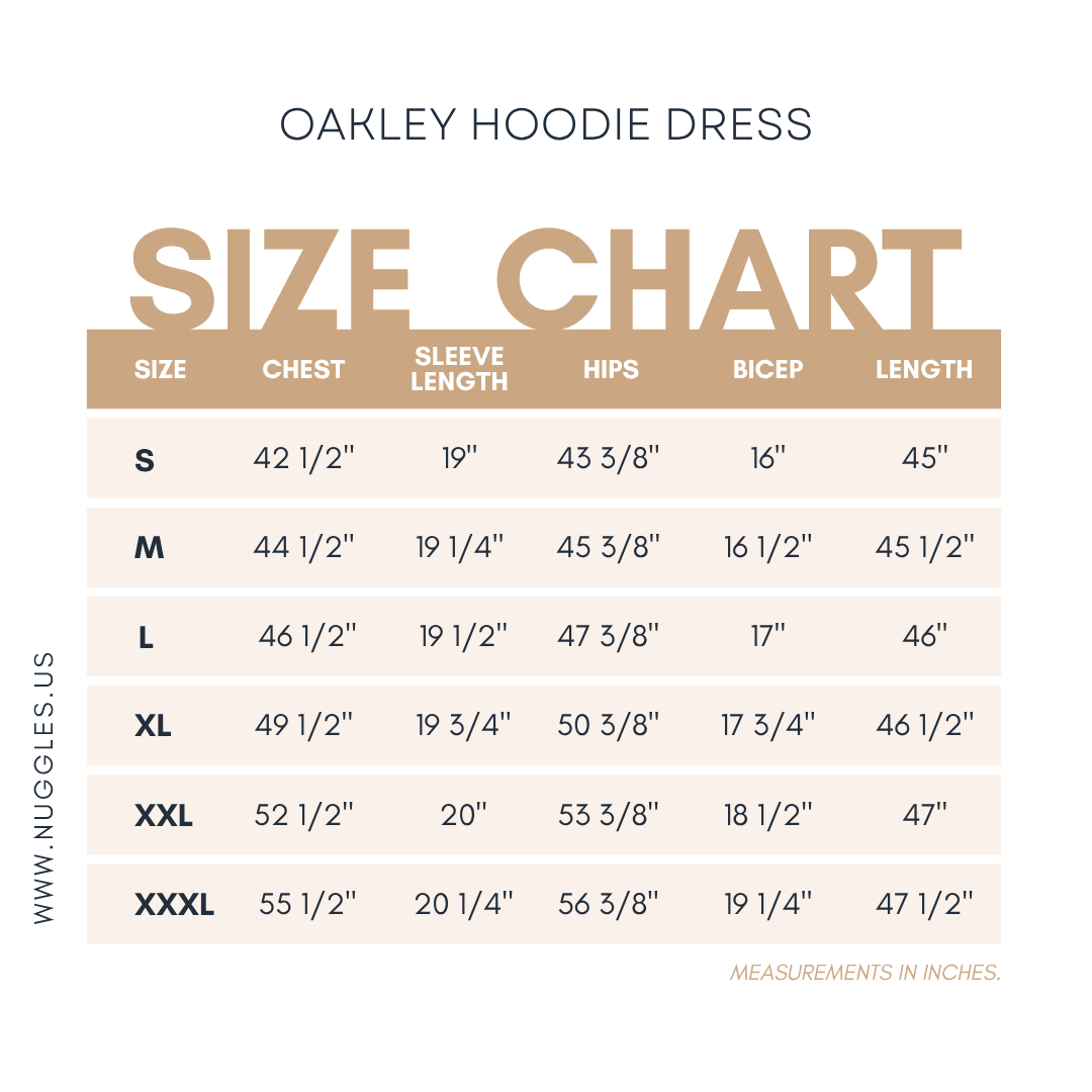 Nuggles® size chart for the Oakley Hoodie Dress in inches