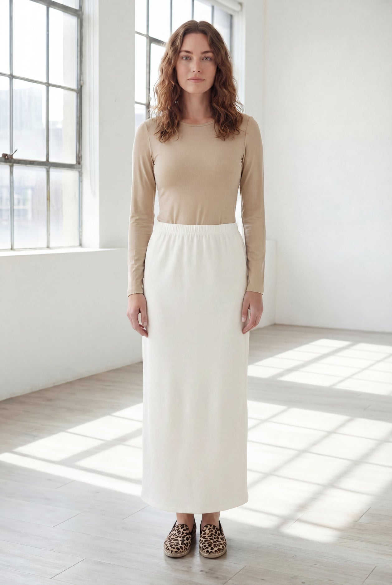 Model wearing Nuggles® 36" Classic Skirt in Off White