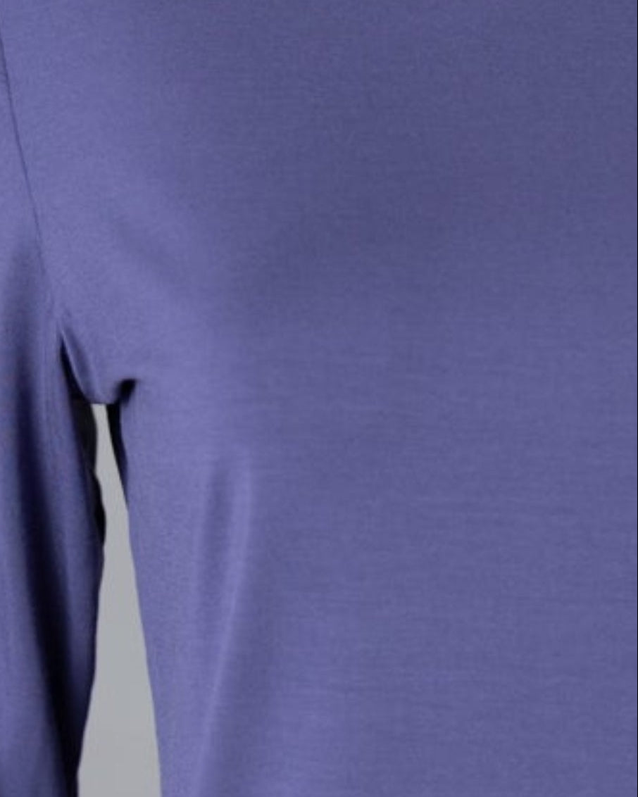Model wearing Nuggles® 3/4 Essential Tee in Periwinkle Purple