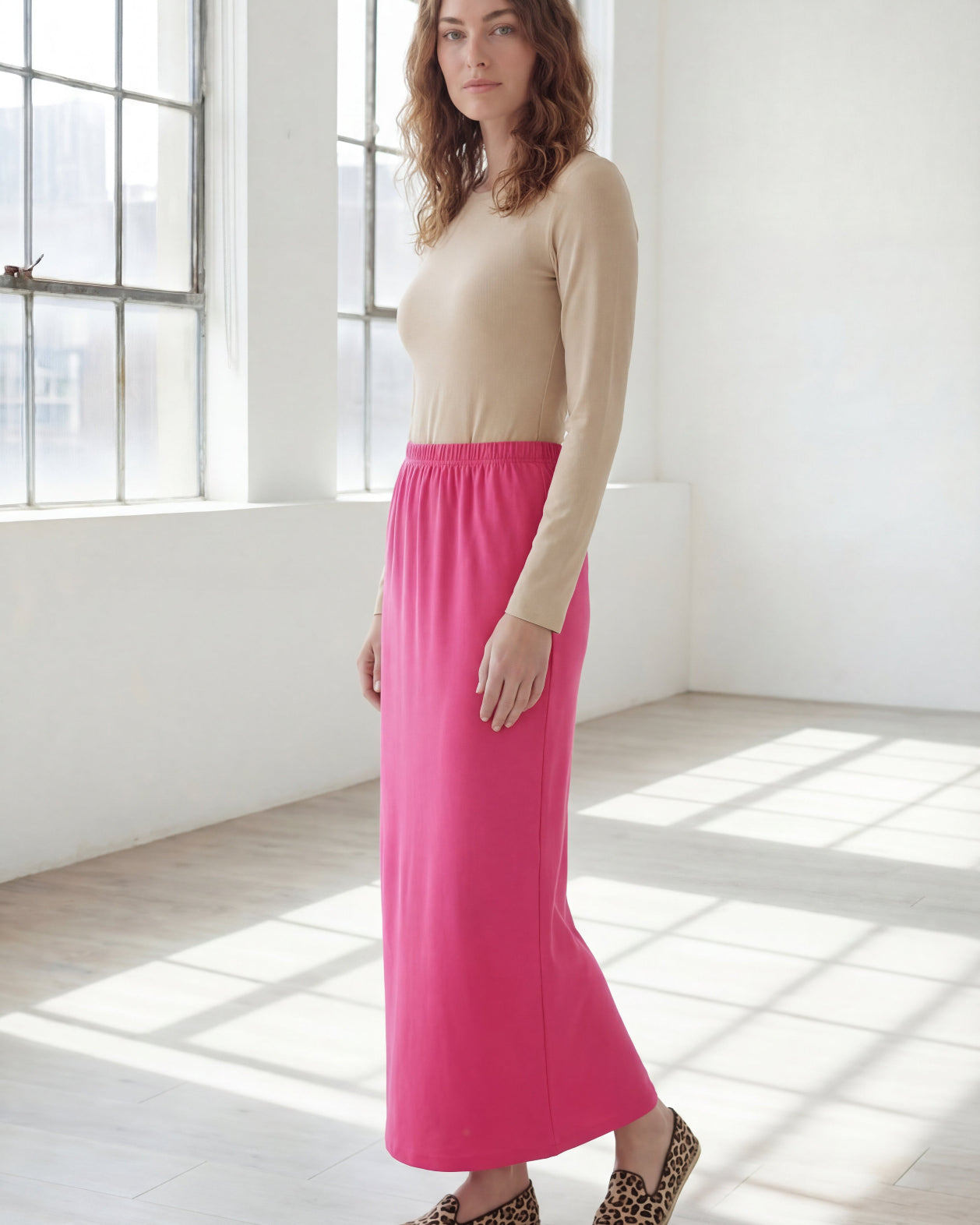 Model wearing Nuggles® 36" Classic Skirt in Pink