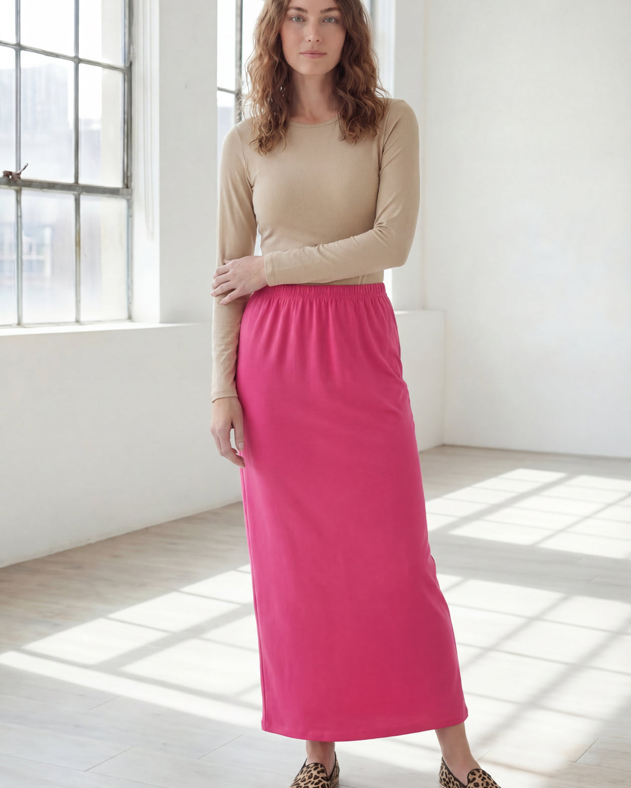 Model wearing Nuggles® 36" Classic Skirt in Pink