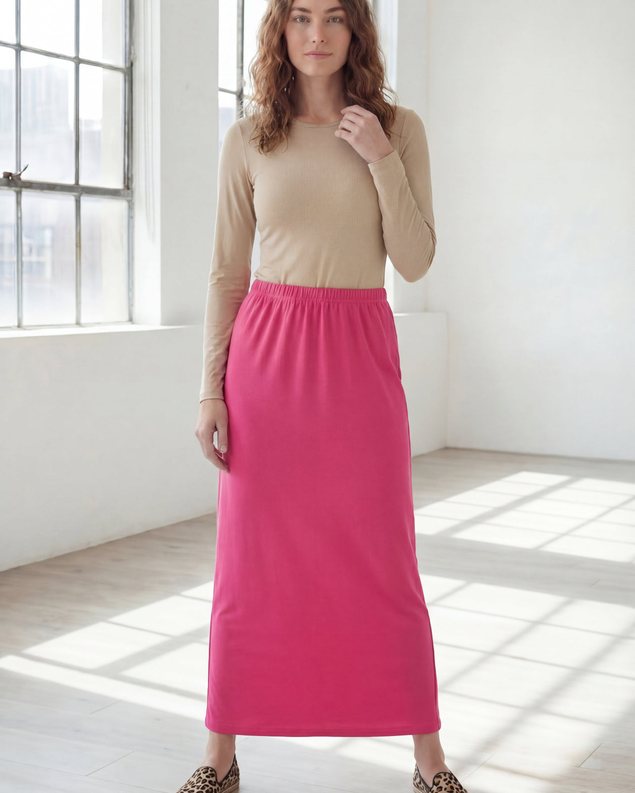 Model wearing Nuggles® 36" Classic Skirt in Pink