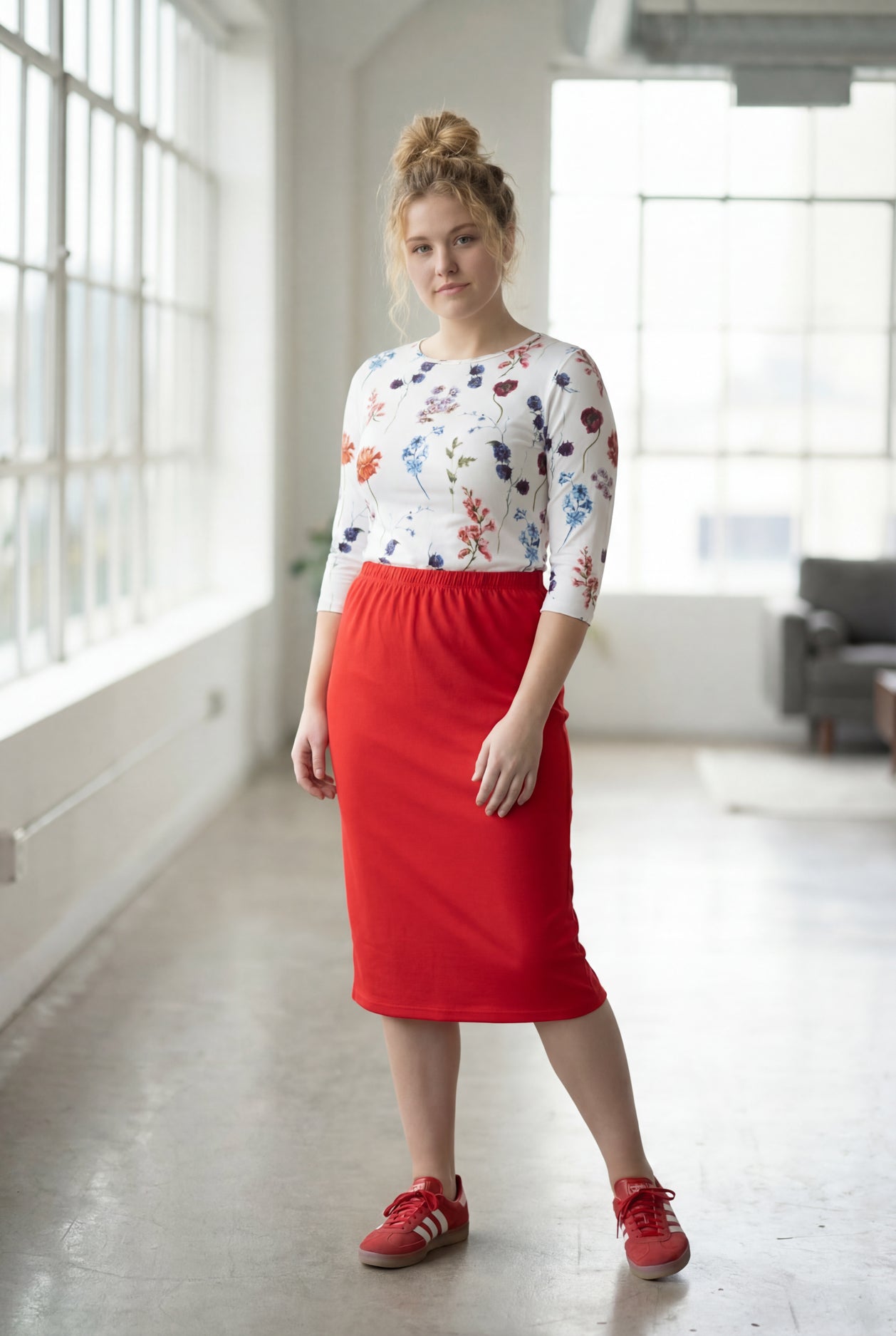 Model wearing Nuggles® 27" Classic Skirt in Red