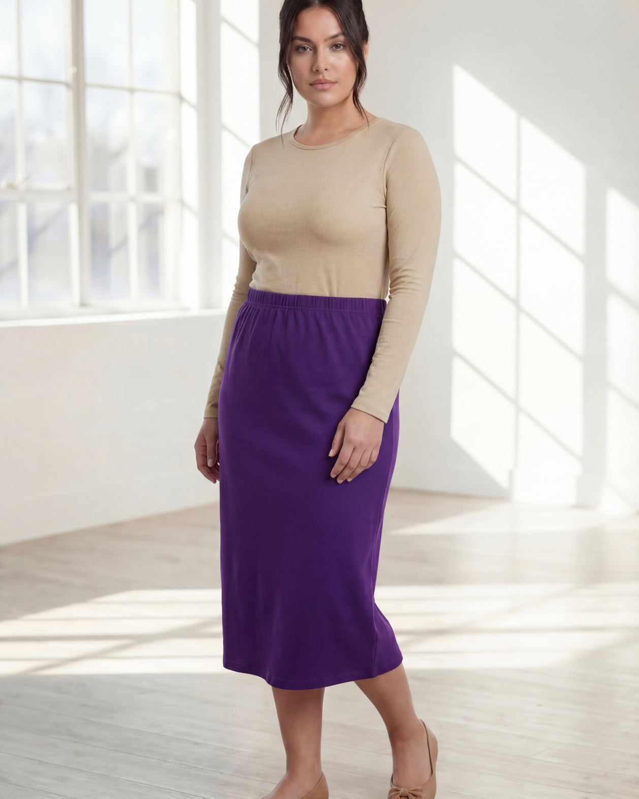 Model wearing Nuggles® 31" Classic Skirt in Royal Purple