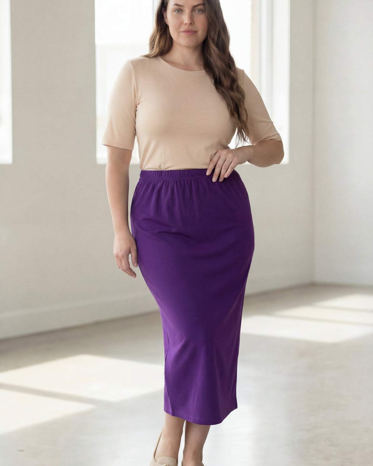 Model wearing Nuggles® 34" Classic Skirt in Royal Purple