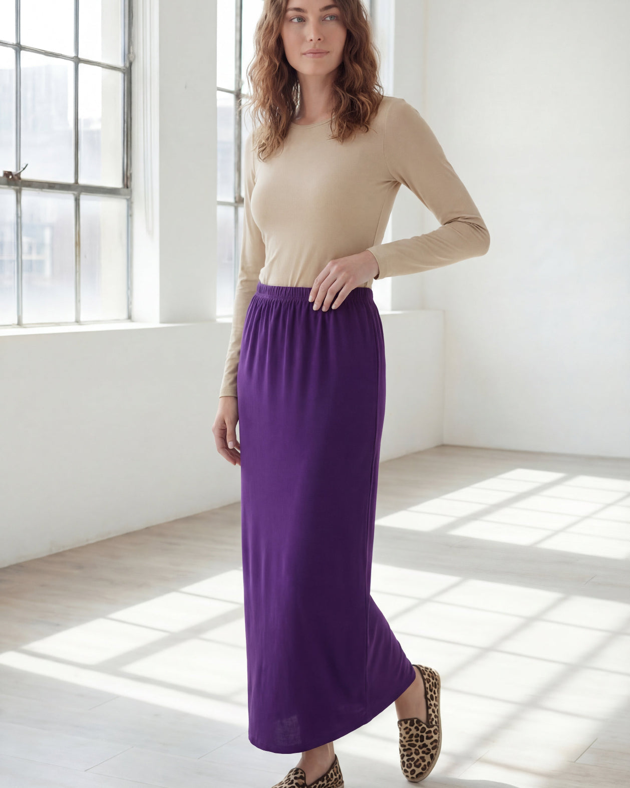 Model wearing Nuggles® 36" Classic Skirt in Royal Purple