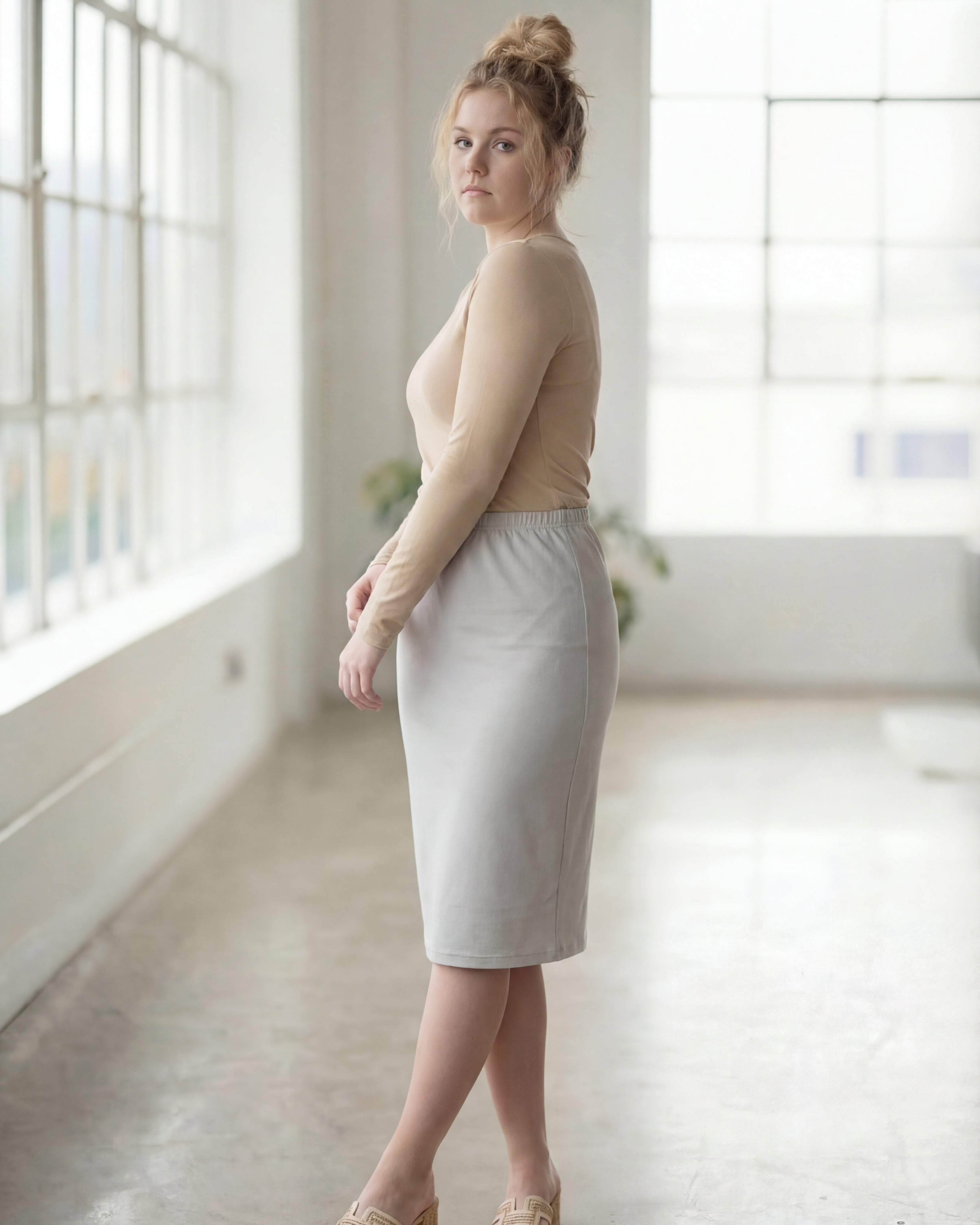 Women wearing a silver classic 27" midi length skirt with a beige shirt in a sunlight loft.