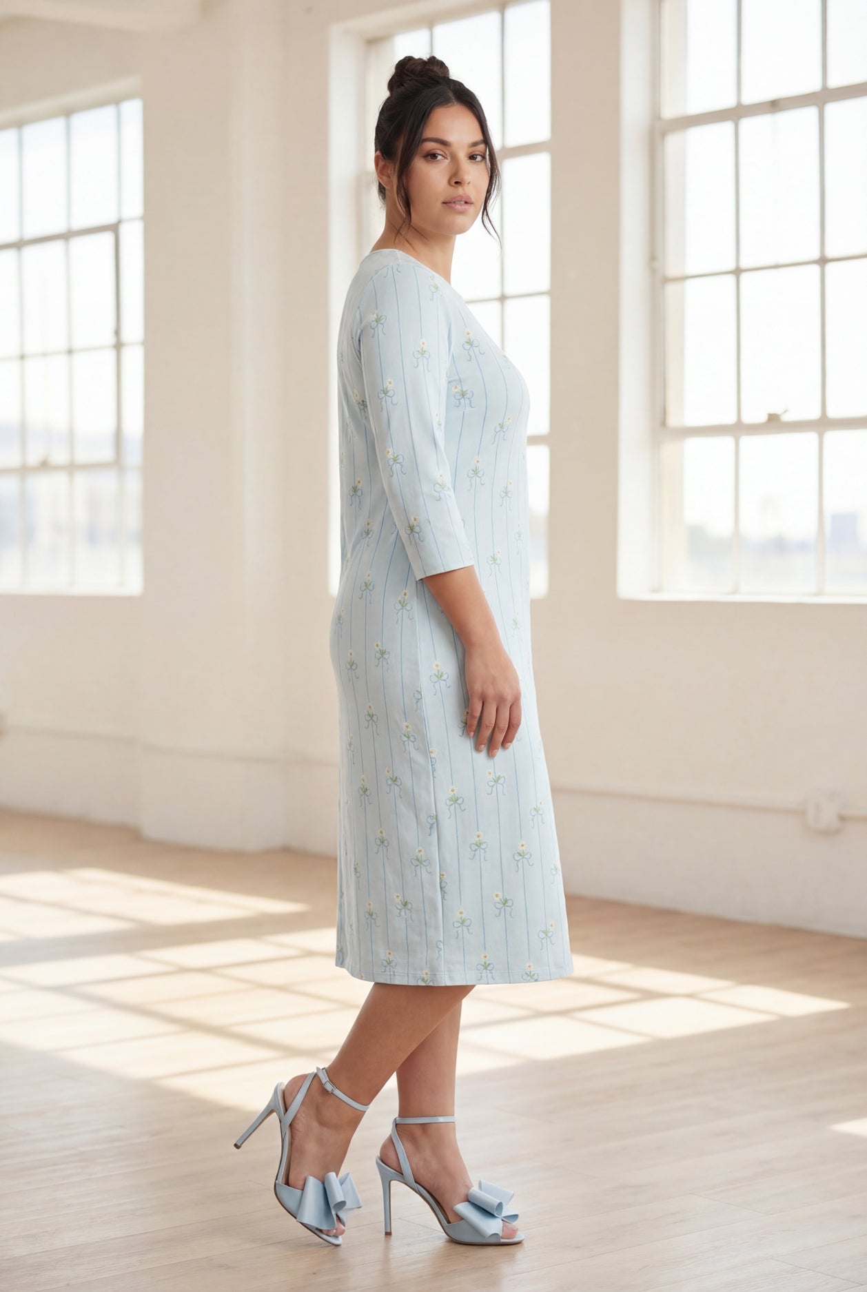 Model wearing Nuggles® Midi Layering Dress in Sky Petal