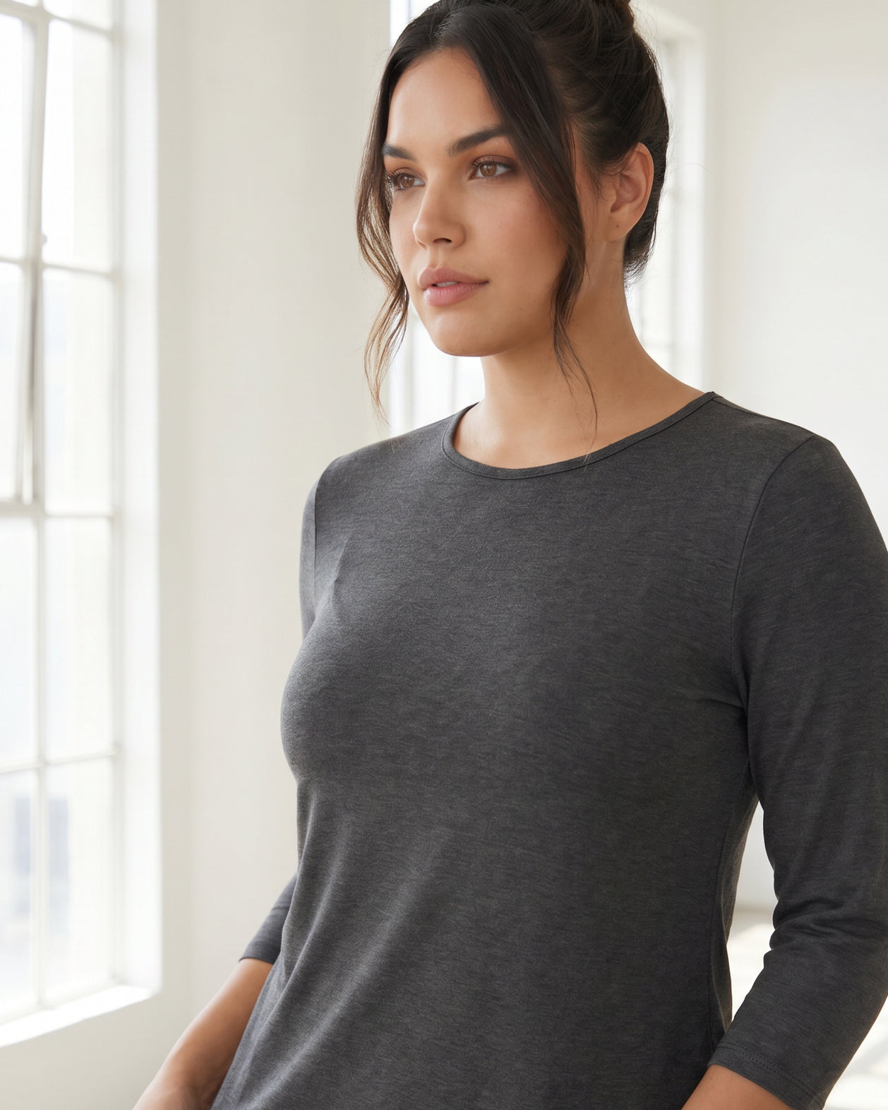 Model wearing Nuggles® Half Sleeve Essential Tee in Slate Gray