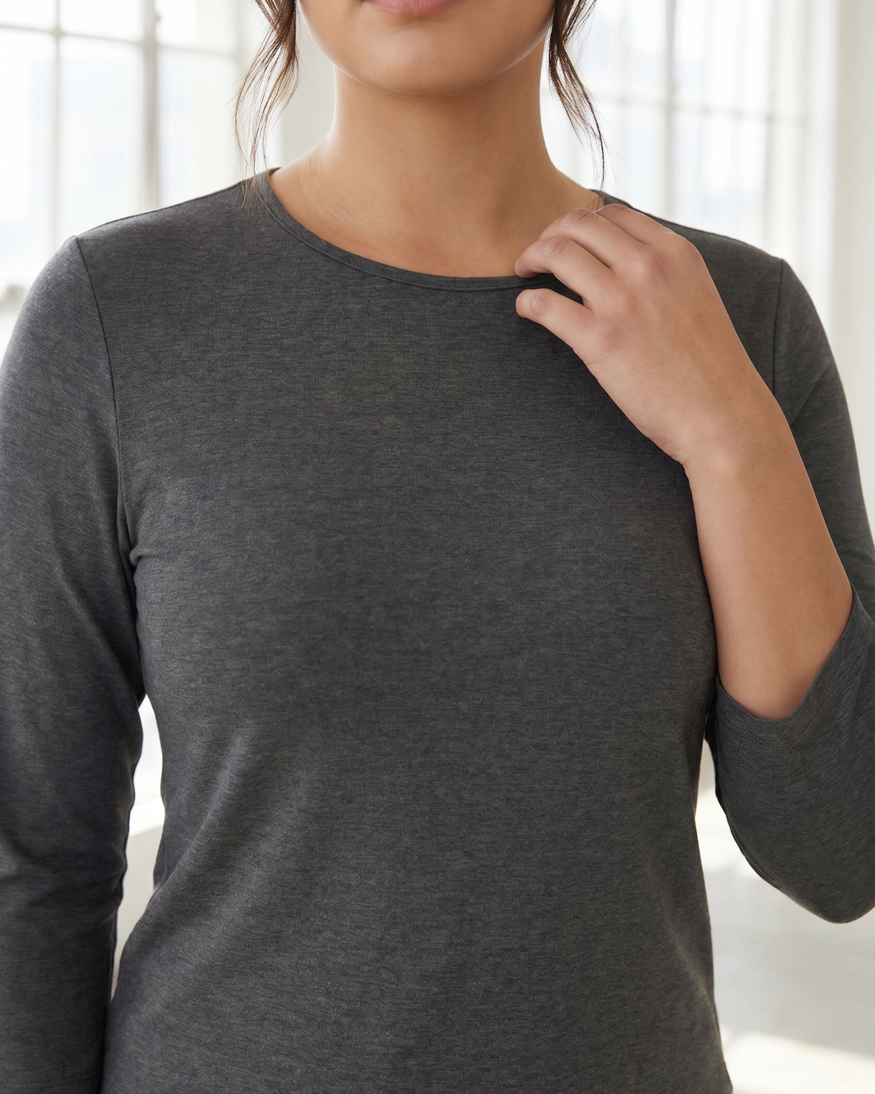 Model wearing Nuggles® Half Sleeve Essential Tee in Slate Gray