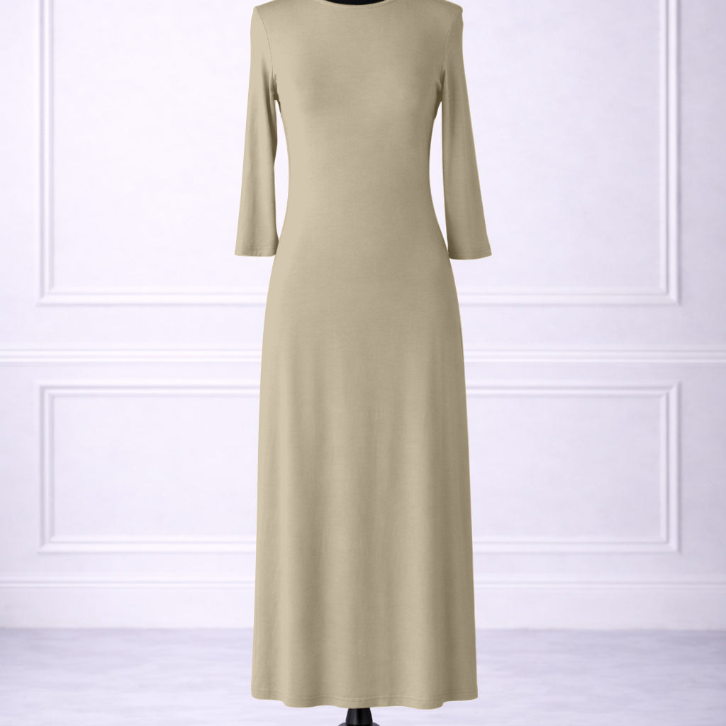 Front view of Nuggles® tea-length layering dress in Khaki