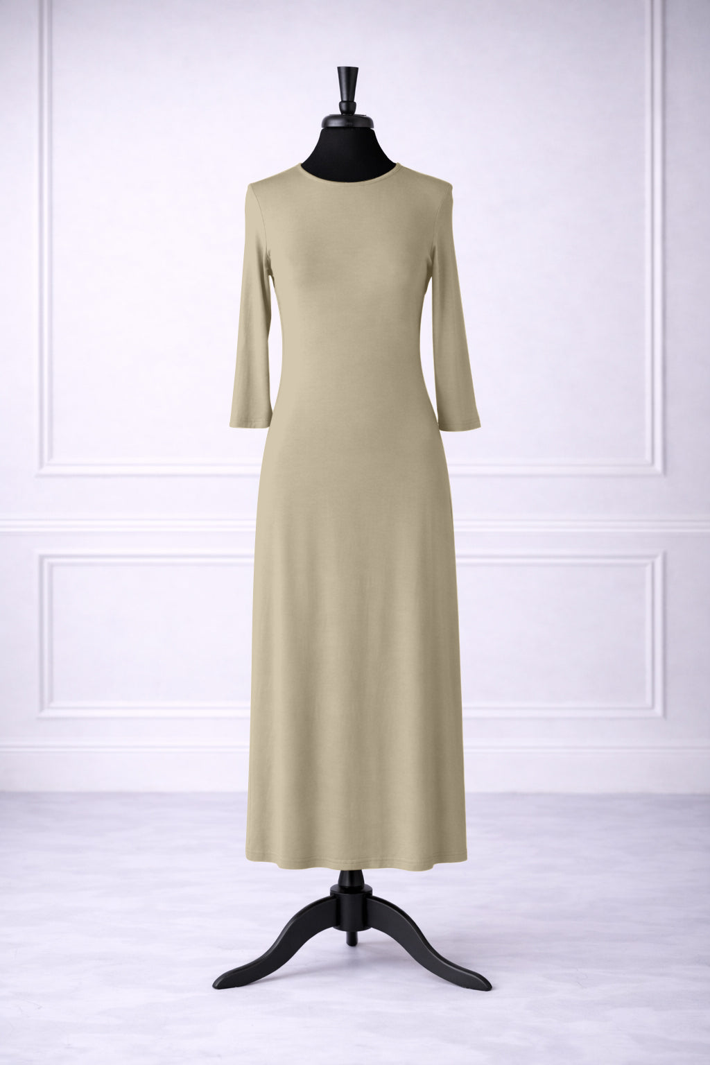 Front view of Nuggles® tea-length layering dress in Khaki