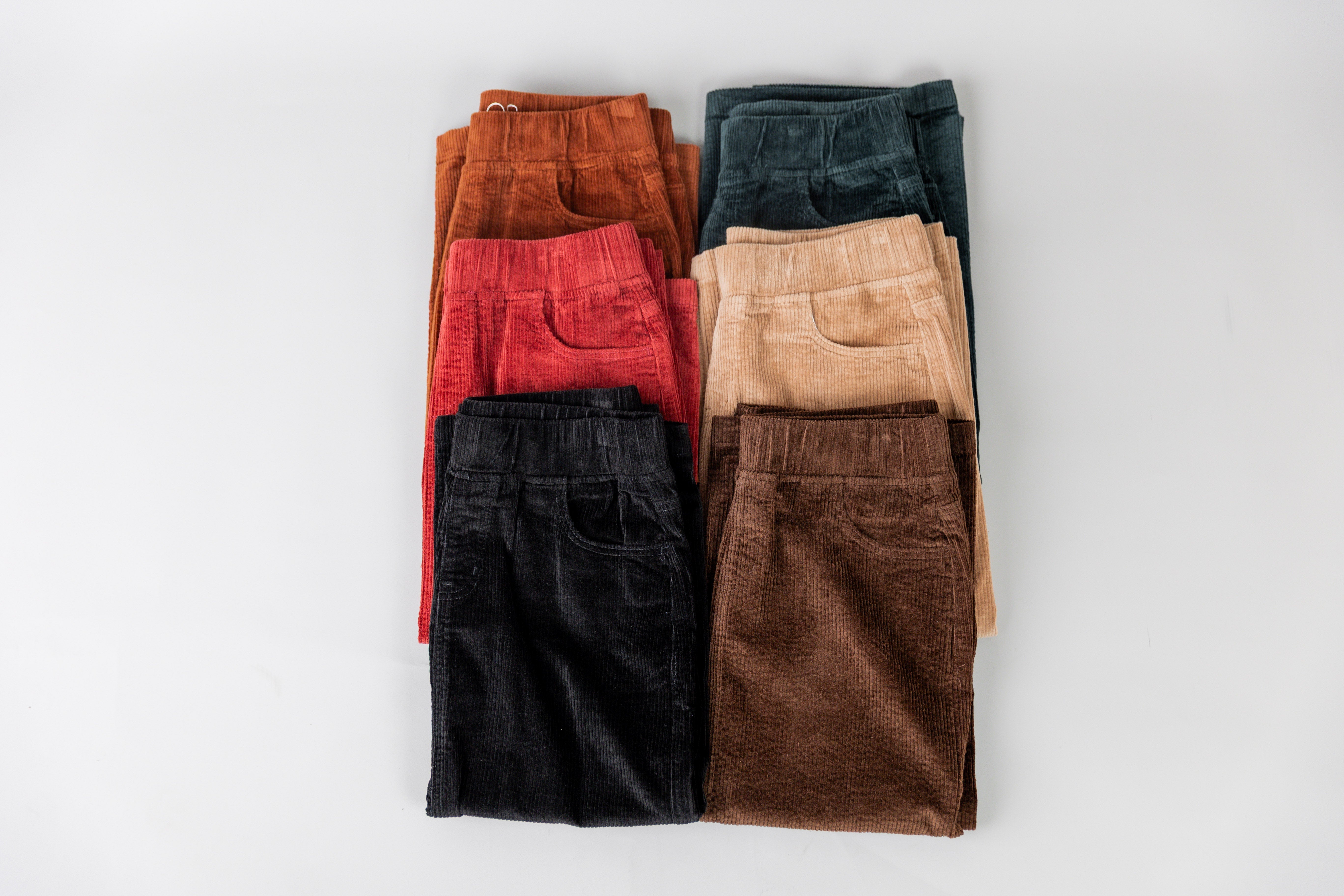 A picture of six of our Corduroy Skirts in various colors. 