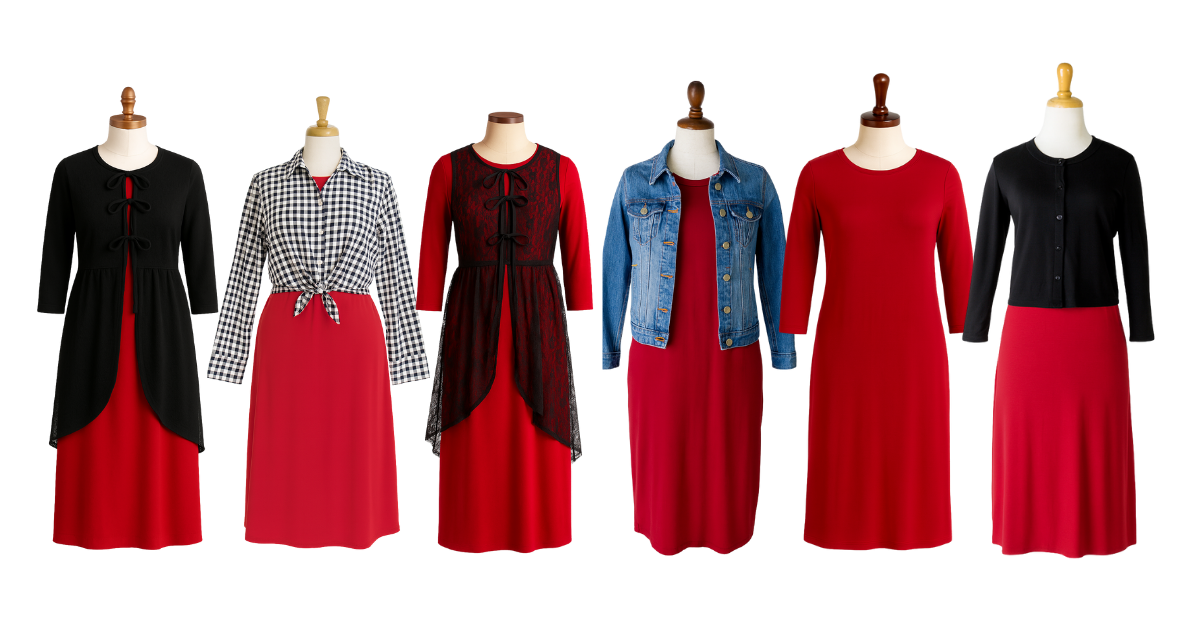 6 Mannequins featuring different ways to style a layering dress in red.