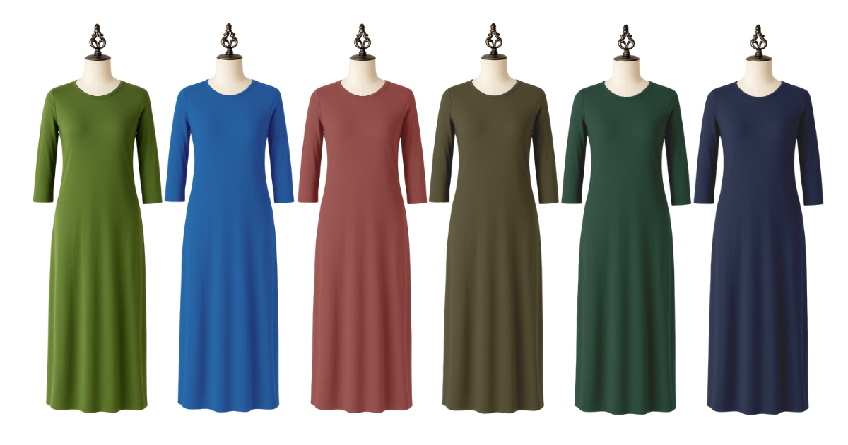 Our modest midi layering dress in multiple colors on mannequins.
