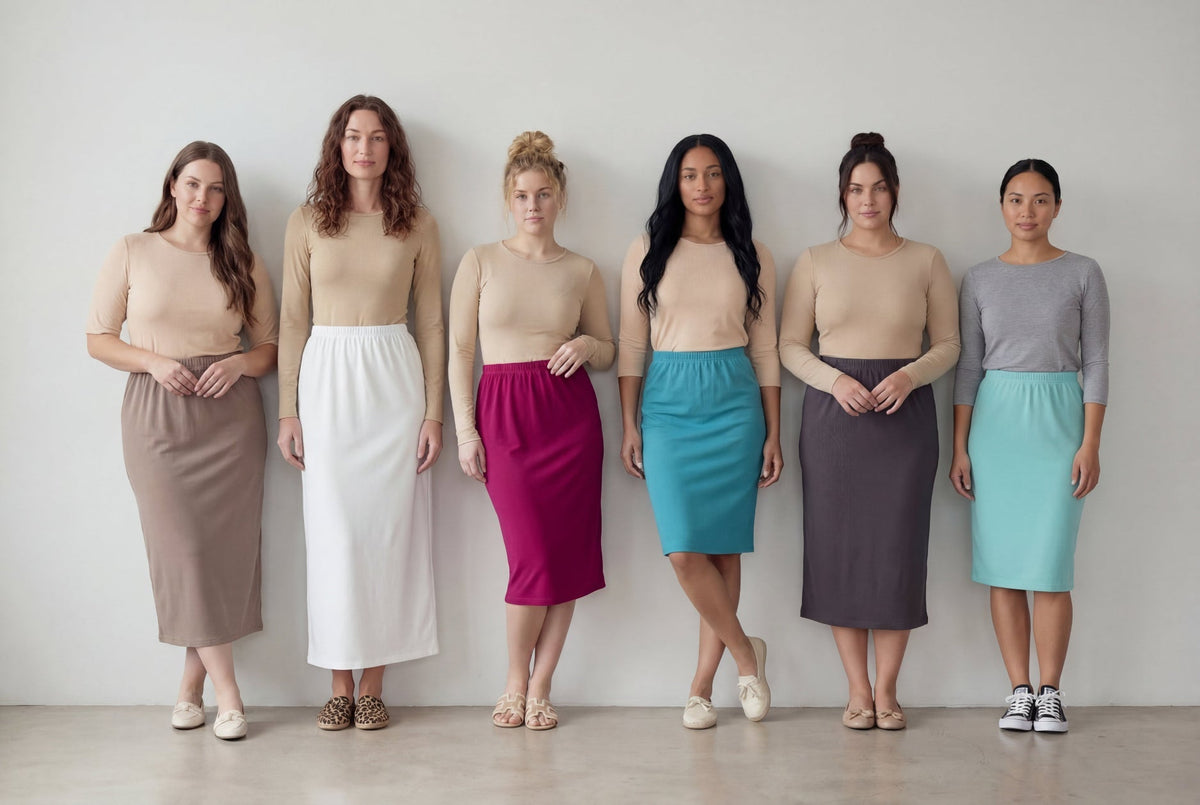 Models wearing Nuggles modest Classic Midi Skirts in several colors and lengths