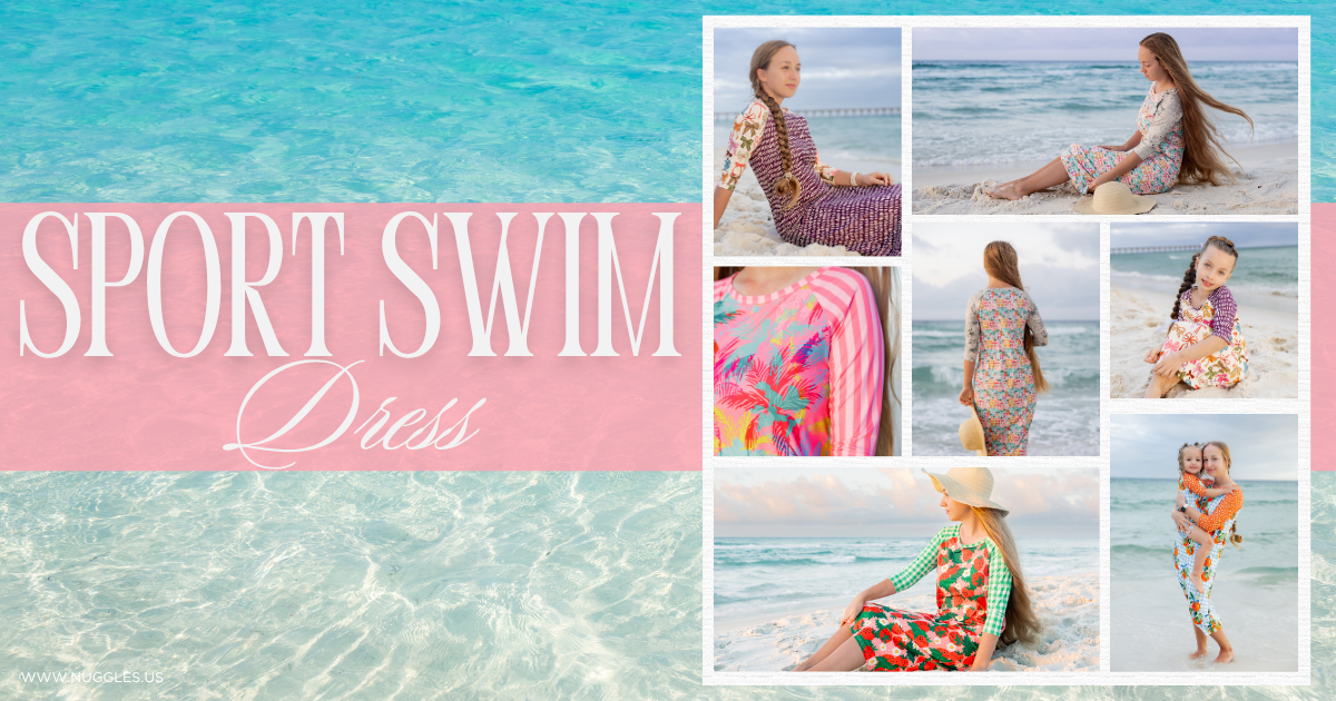 Women wearing modest Nuggles Sport Swim Dresses on the beach