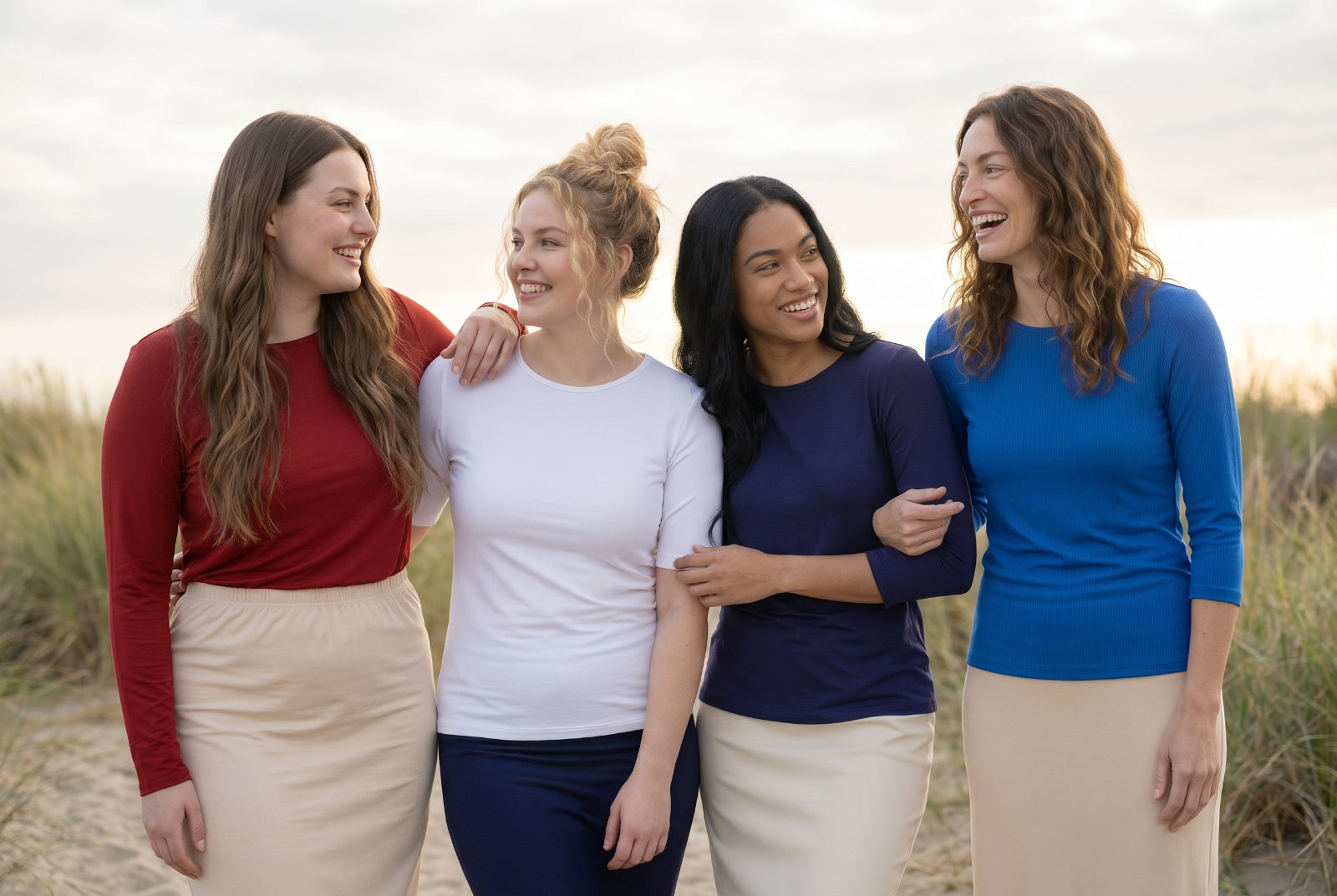 A group of women wearing Nuggles modest Essential Tees in different sleeve lengths