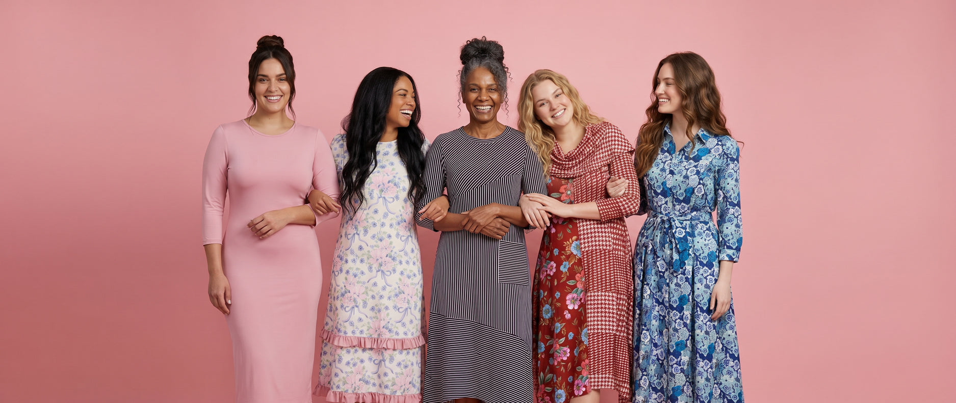 Women wearing modest dresses from Nuggles in pink, floral, black, red, and blue styles