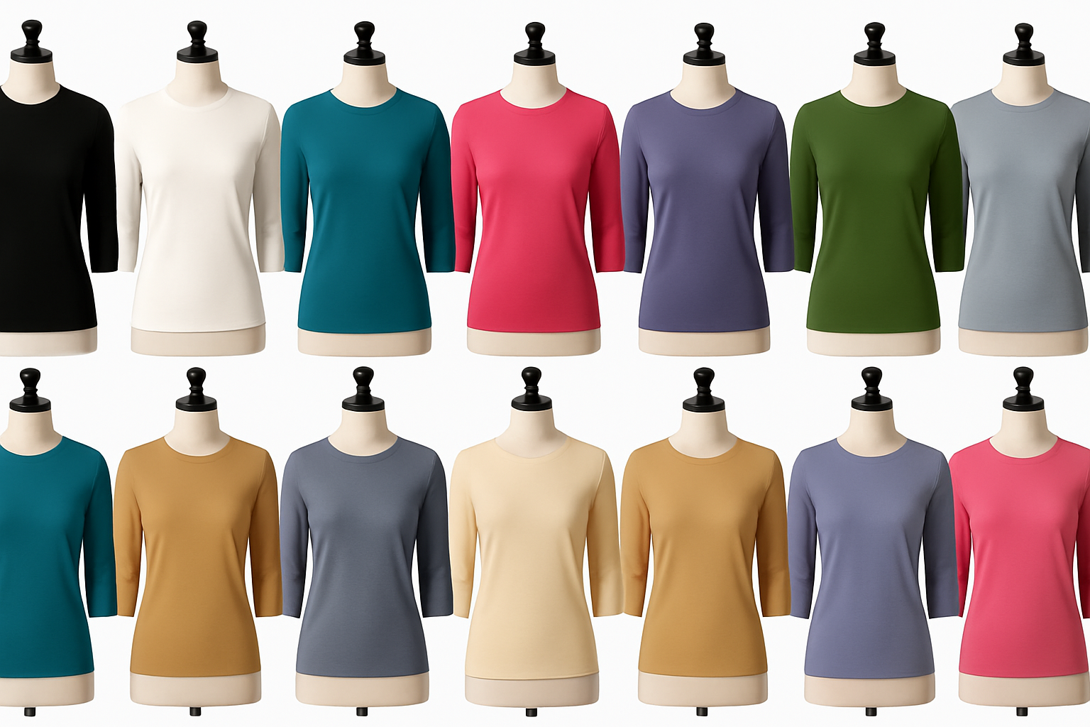 Nuggles® tees on mannequins in multiple colors. 