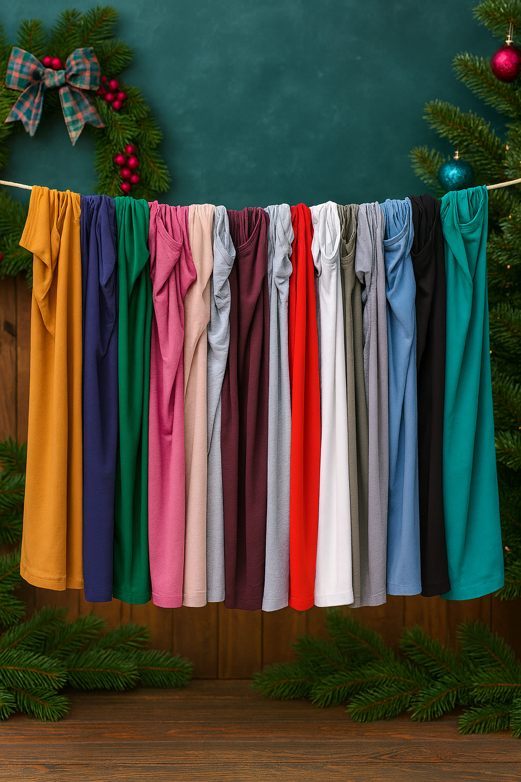 A picture showing several colors of our modest essential tees hanging up.