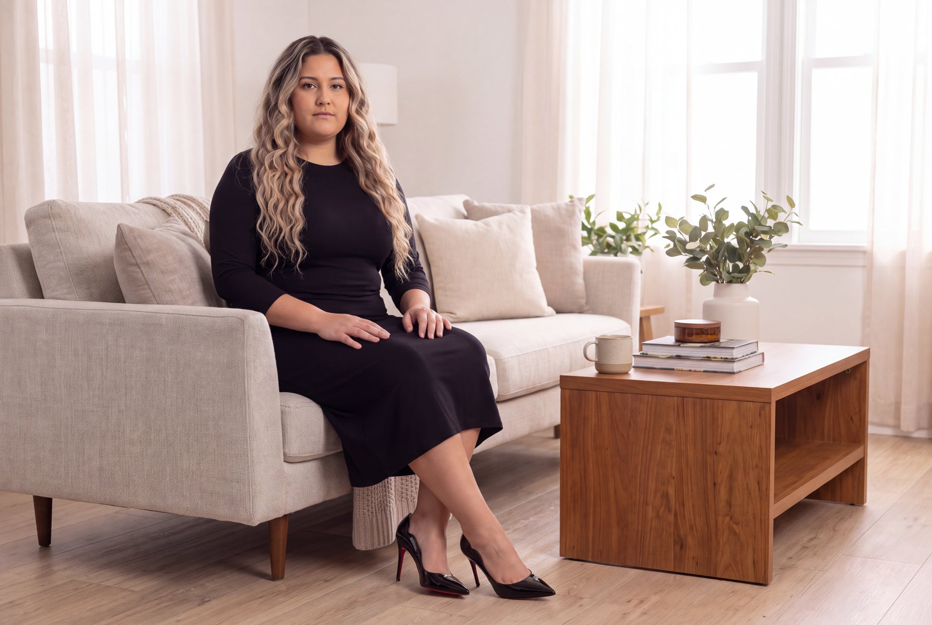 Woman wearing a Nuggles modest midi layering dress in black