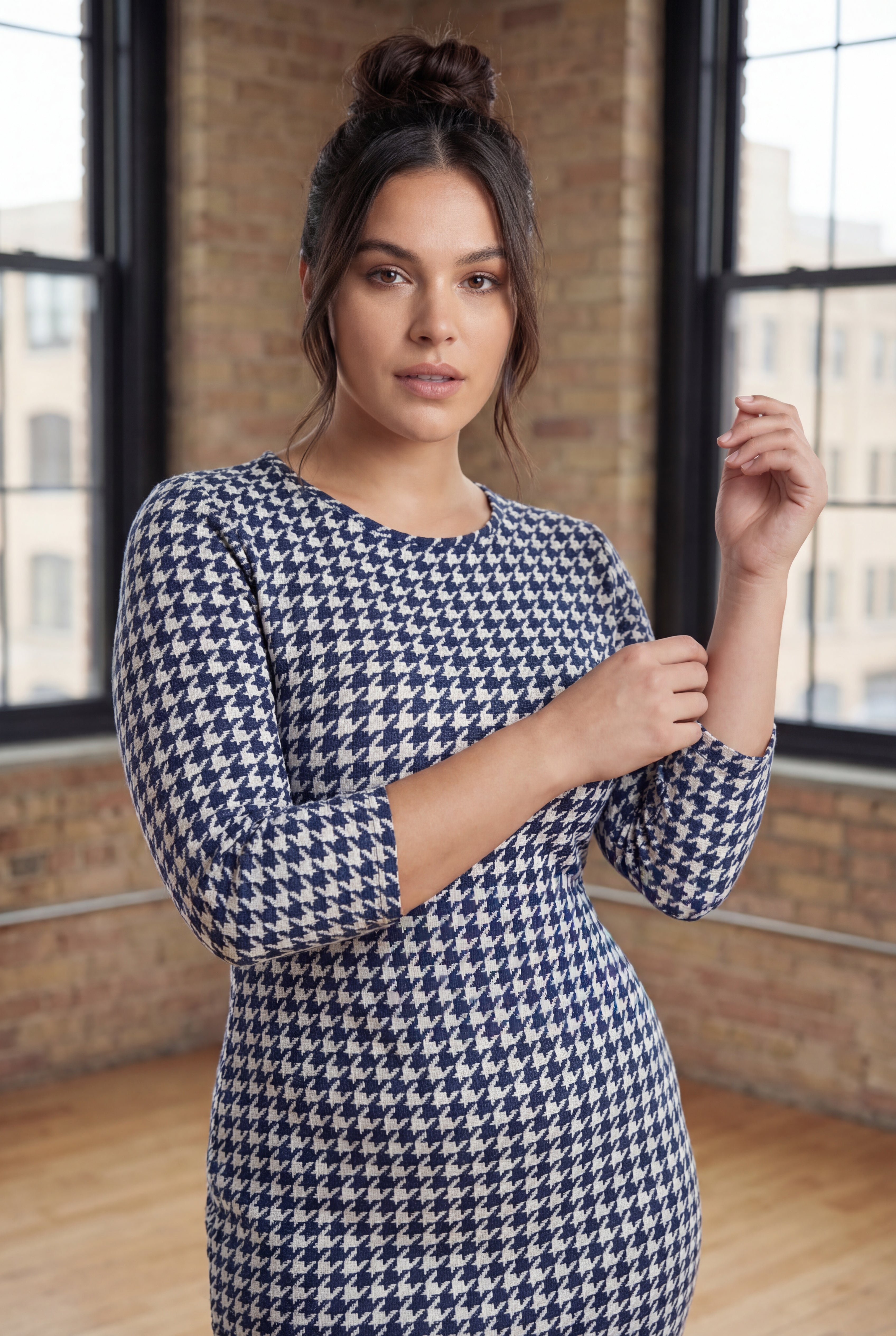 Model wearing Nuggles® Midi Layering Dress in Tailored Navy