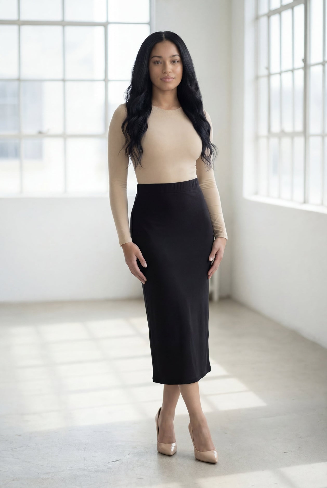 Model wearing Nuggles® Carlie Swim Dress in Boardwalk Patch