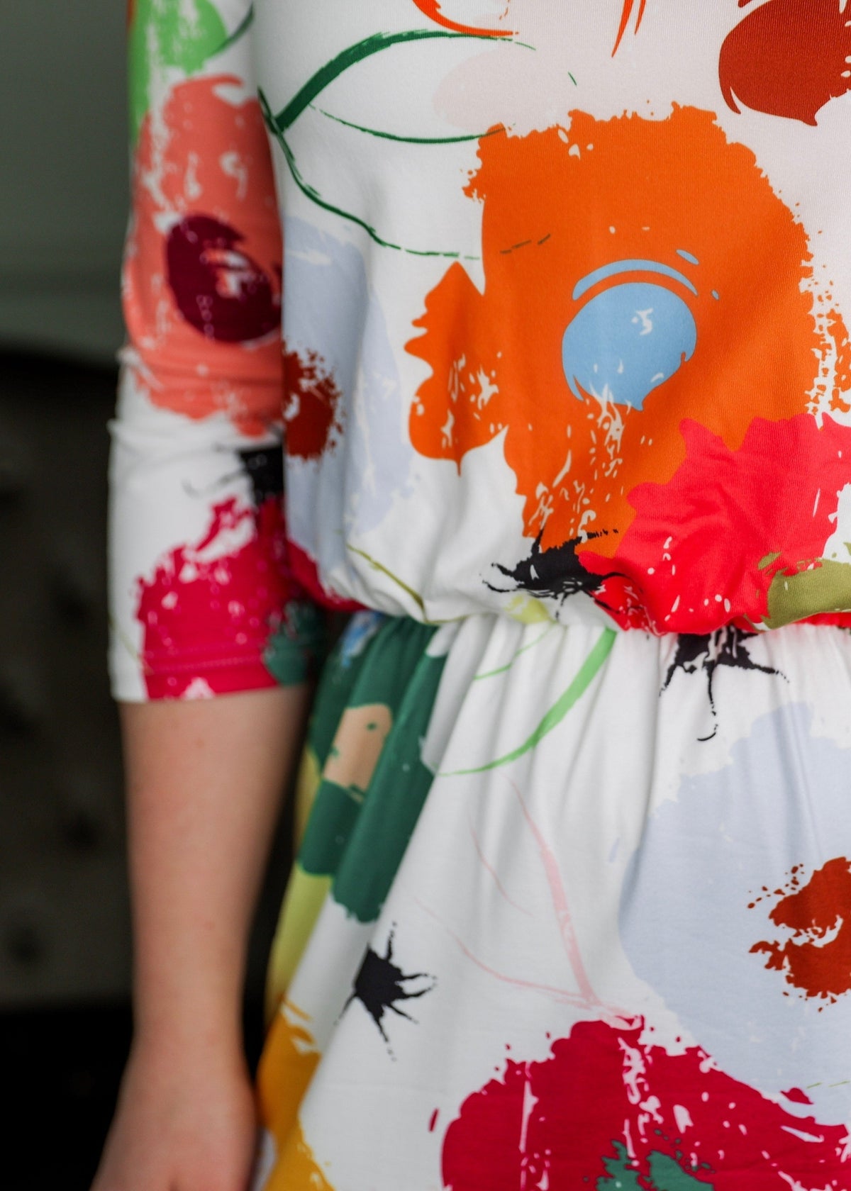 A close up shot of the Harper Jane dress in a white print with bold flowers. 