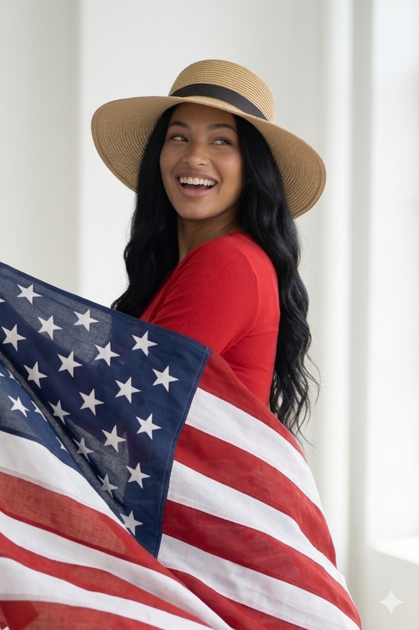 A picture of a model with black hair and a red tee with an American Flag.