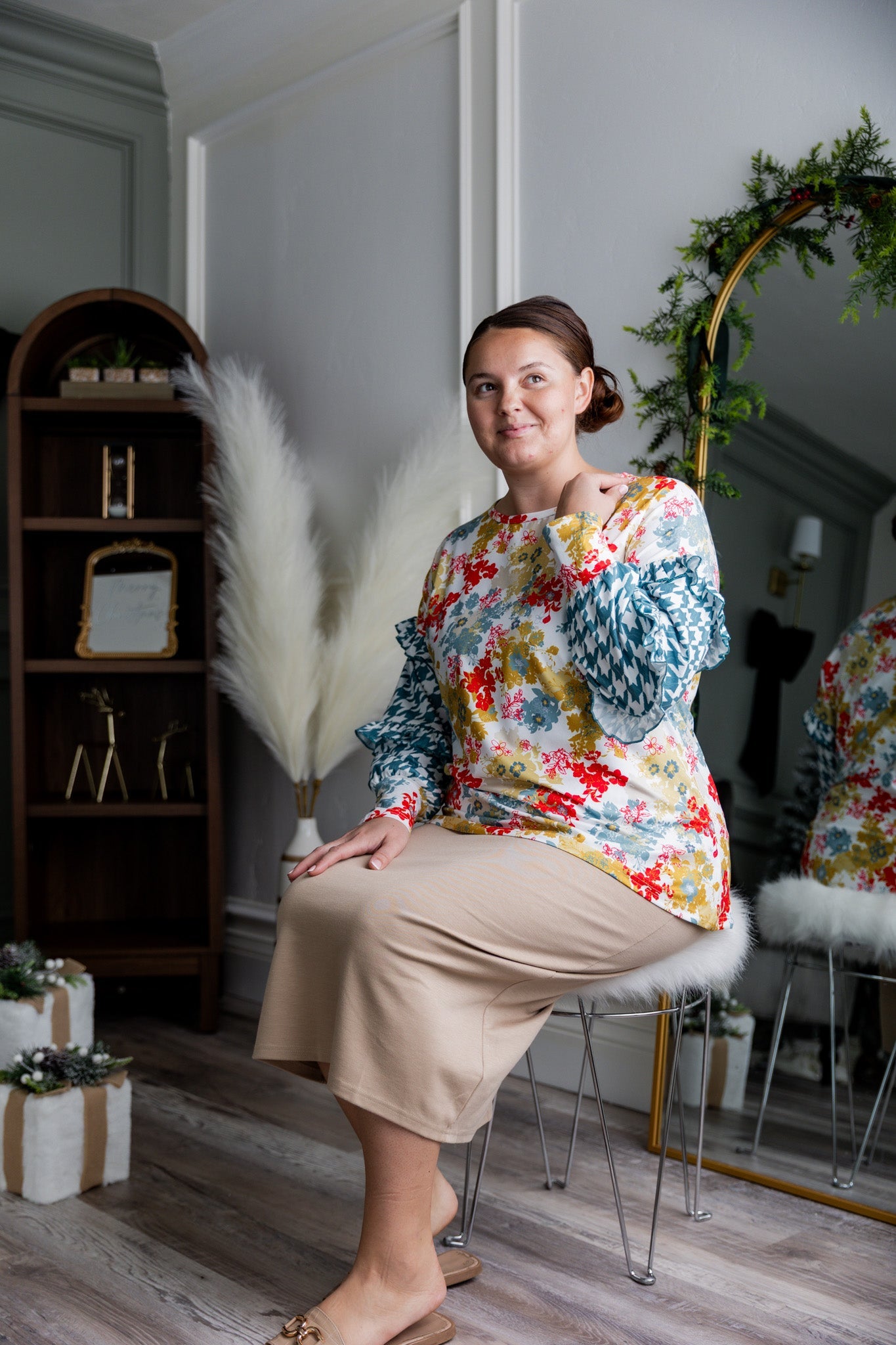 Women wearing a modest midi skirt paired with a nuggles® top